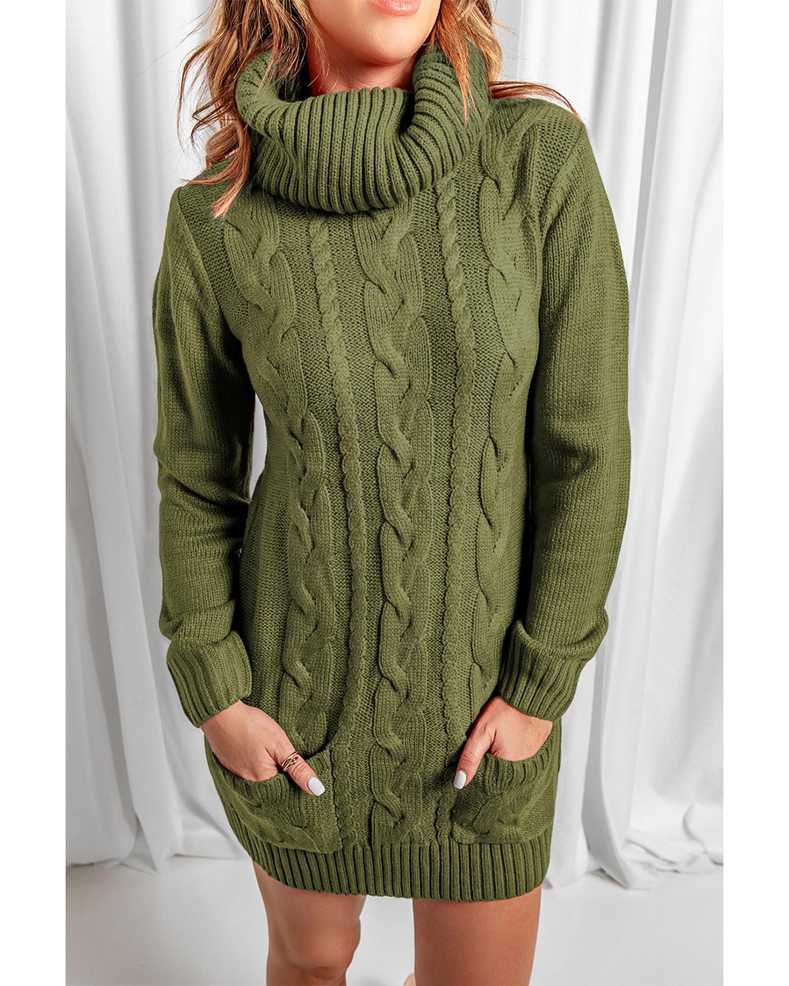 V539-AZEXDC27836-9S-202506140932-00 Azura Exchange Olive Cowl Neck Cable Knit Sweater Dress - S - Image 1