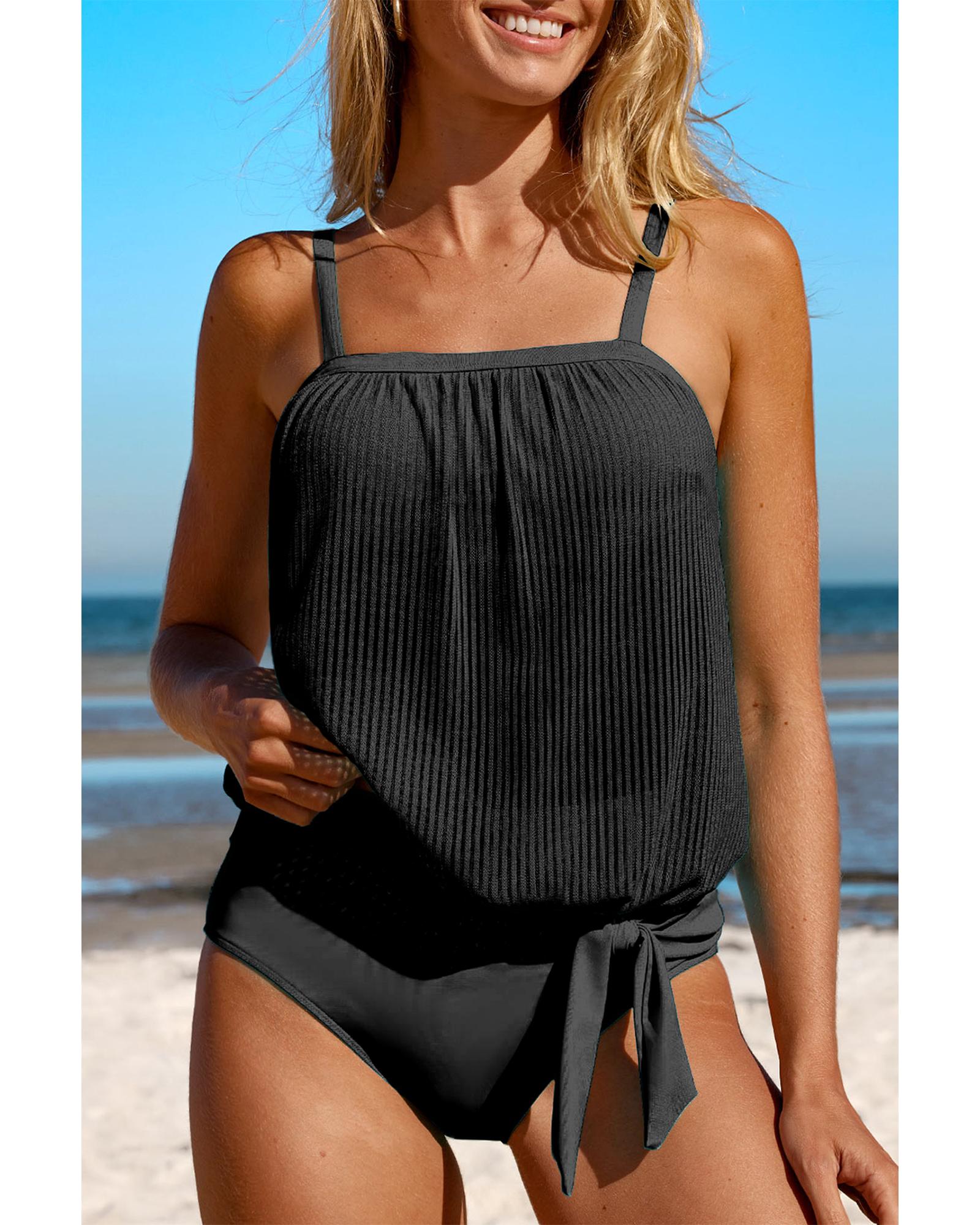V539-AZEXDC415984-P2-S-202506140646-00 Black Striped Mesh Knotted Hem Tankini Swimsuit - S - Image 1