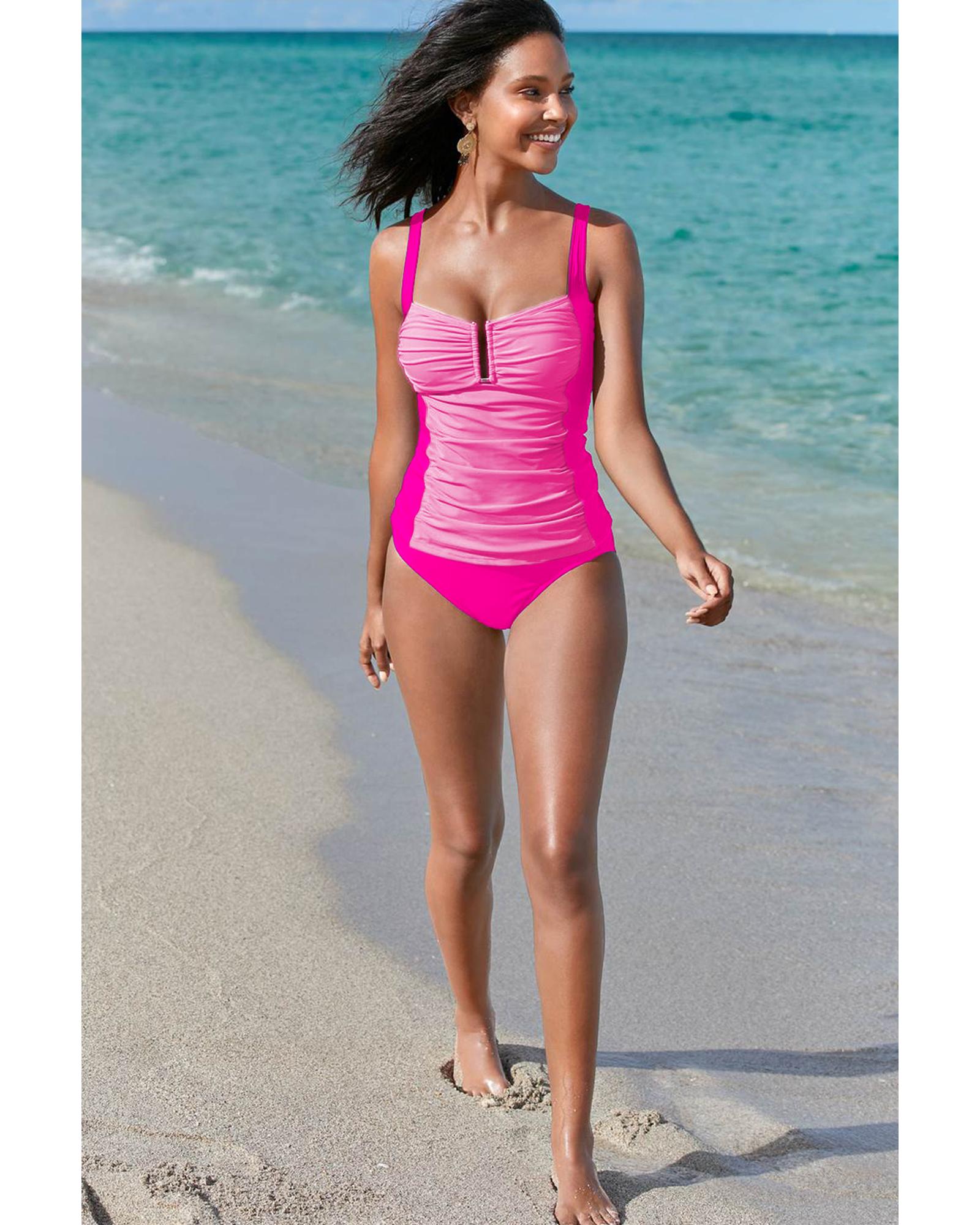 V539-AZEXDC416235-P3010-M-202508282135-00 Bonbon Ruched Tummy Control Tankini 2pcs Swimsuit - M - Image 1