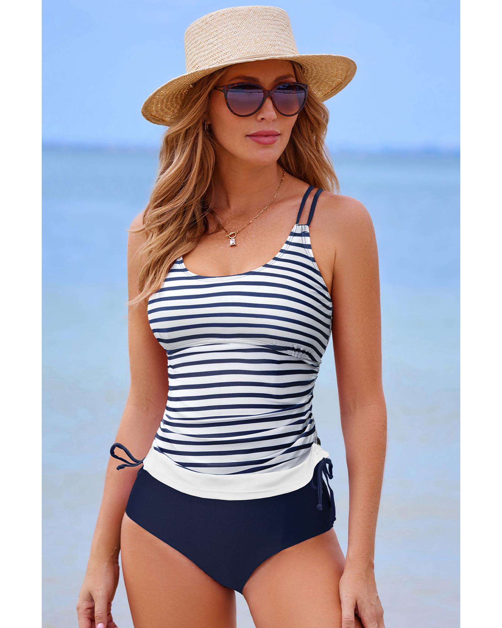 V539-AZEXDC416262-P519-2XL-202508280730-00 Blue Stripe Drawstring Tummy Control Mix-and-match 2pcs Tankini Swimsuit - 2XL - Image 1