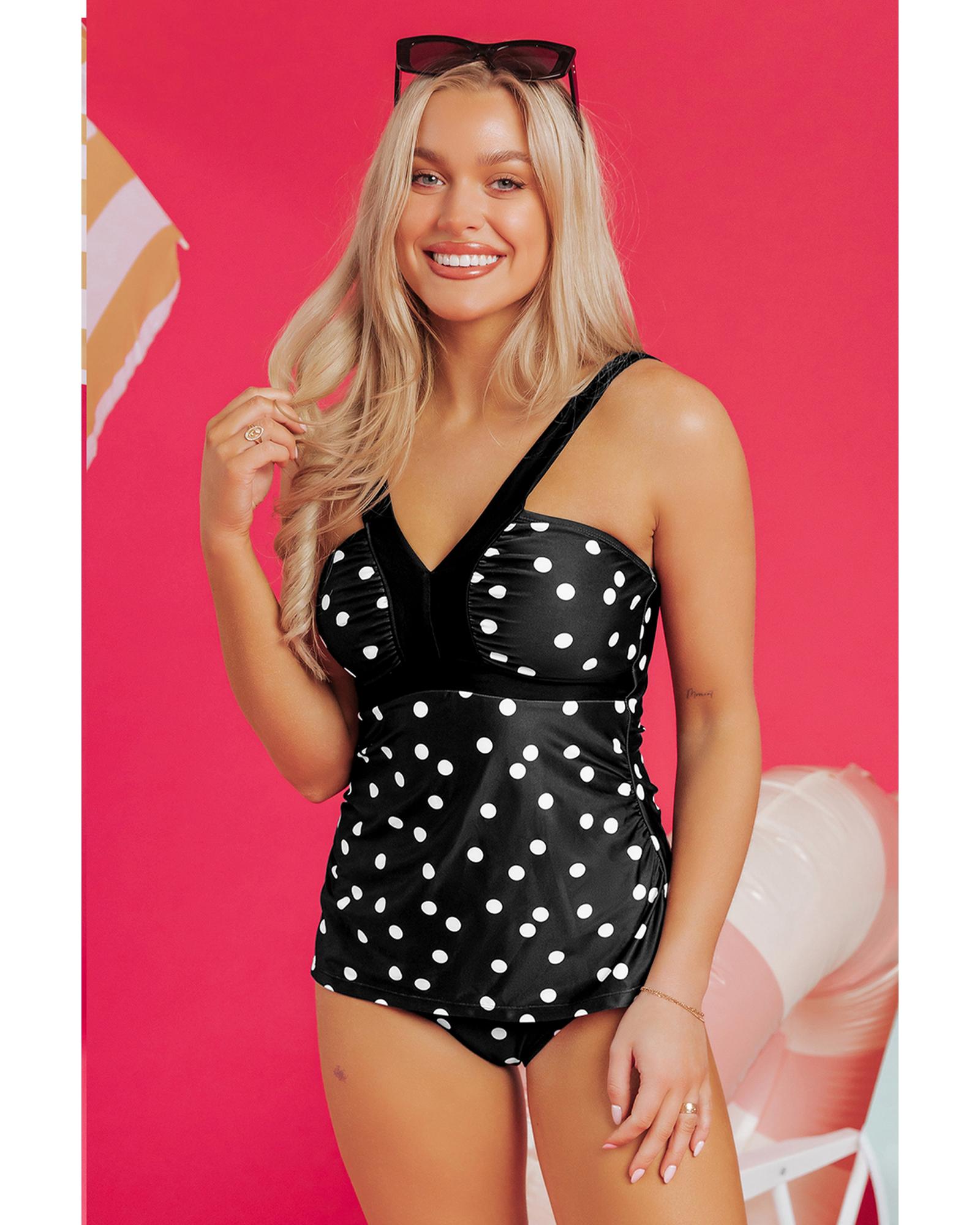 V539-AZEXDC416307-P220-XL-202508291335-00 Black Polka Dot Print V Neck Tankini Set - XL - Image 1