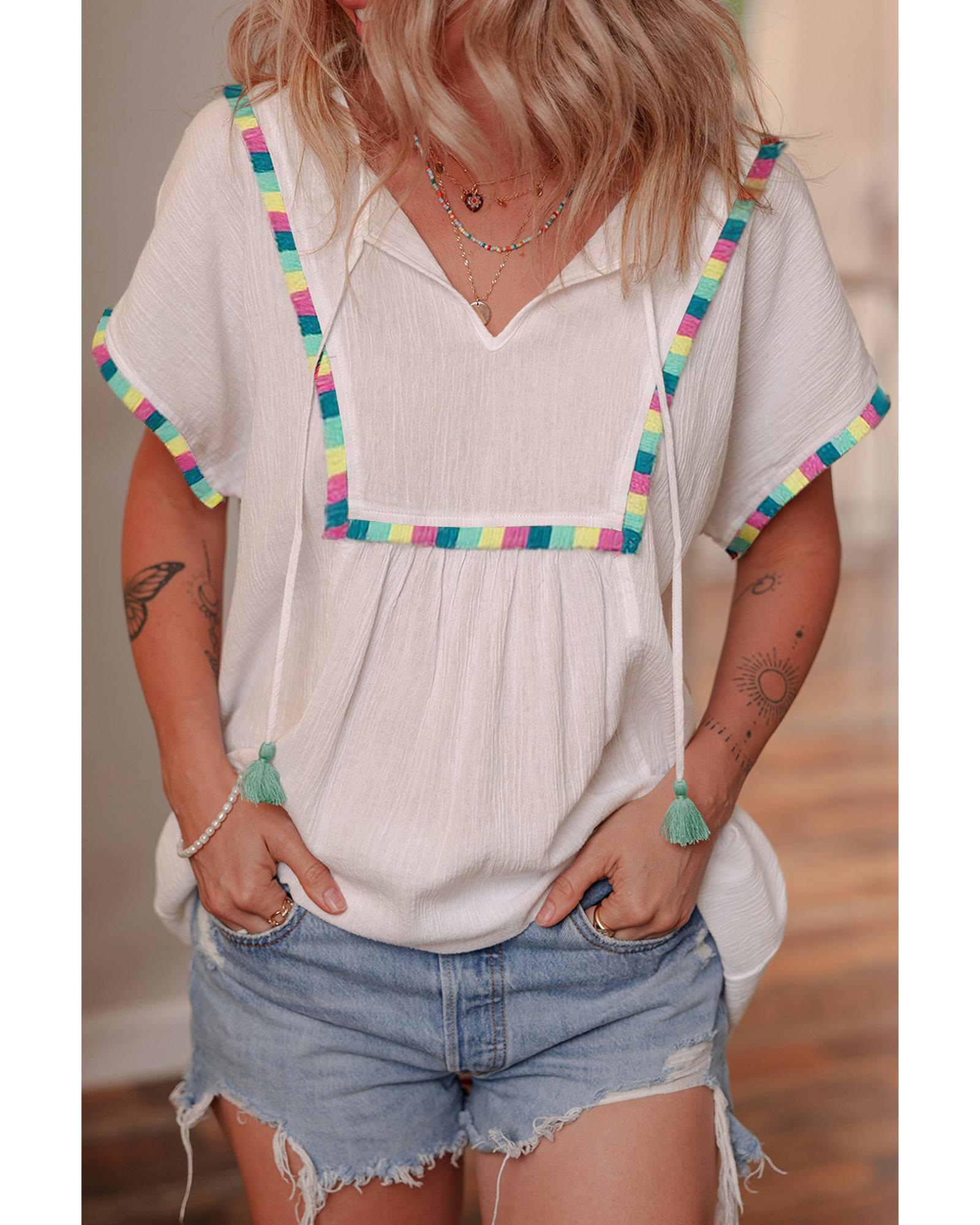 V539-AZEXDC4211094-P101-M-202508280610-00 White Colorful Fringed Detail Tassel Tie Neck Short Sleeve Blouse - M - Image 1