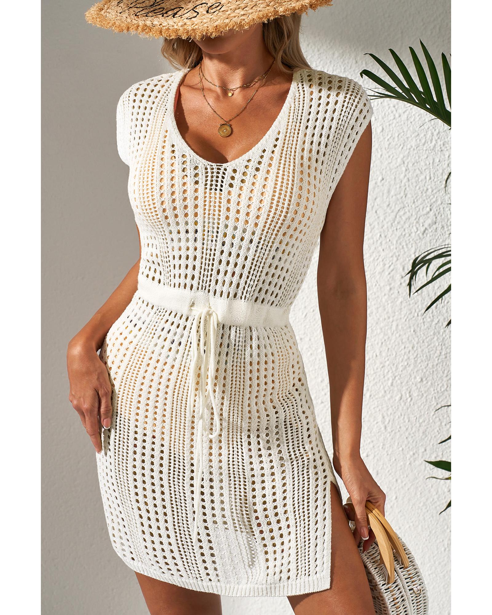 V539-AZEXDC422124-P15-2XL-202508280510-00 Beige Open Knit Drawstring Waist Beach Dress - 2XL - Image 1