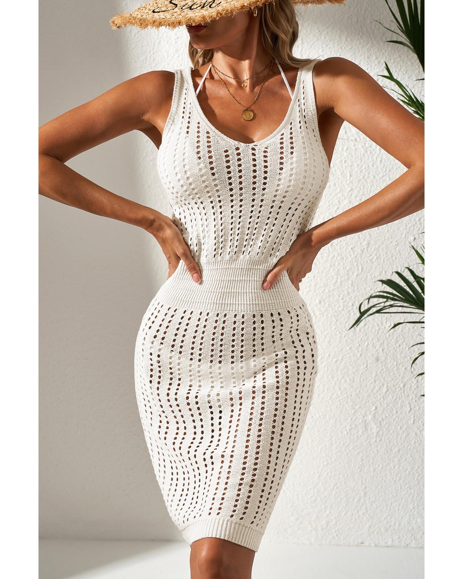 V539-AZEXDC422263-P1-L-202508281630-00 White Eyelet Crochet Sleeveless V Neck Beach Dress - L - Image 1