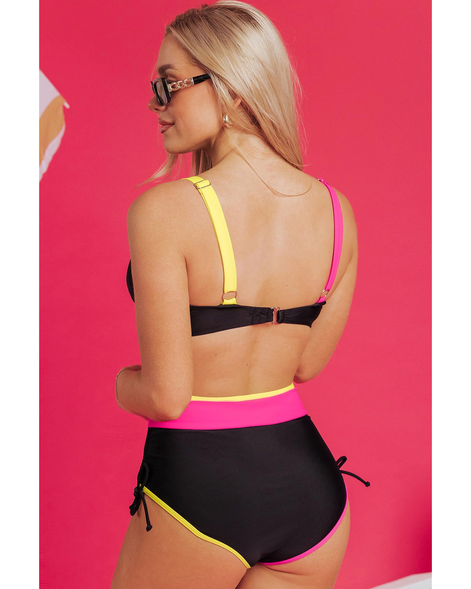 V539-AZEXDC434628-P2-S-202508291710-00 Black Color Block Drawstring Side V Neck High Waist Bikini Set - S - Image 1