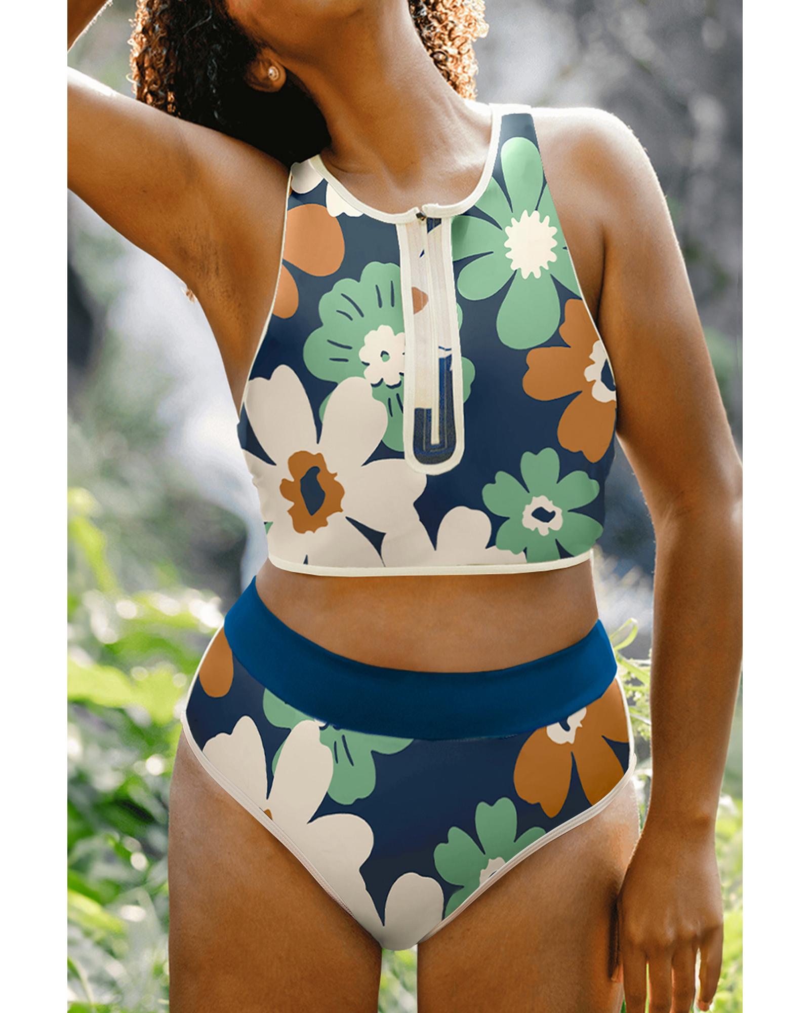 V539-AZEXDC434665-P520-S-202506141031-00 Blue Flower Zip up Racerback High Waisted Bikini - S - Image 1