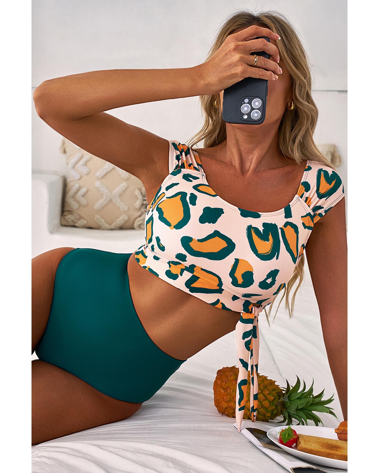 V539-AZEXDC434668-P920-S-202506141032-00 Green Leopard Print U Neck Knotted High Waist Bikini Set - S - Image 1