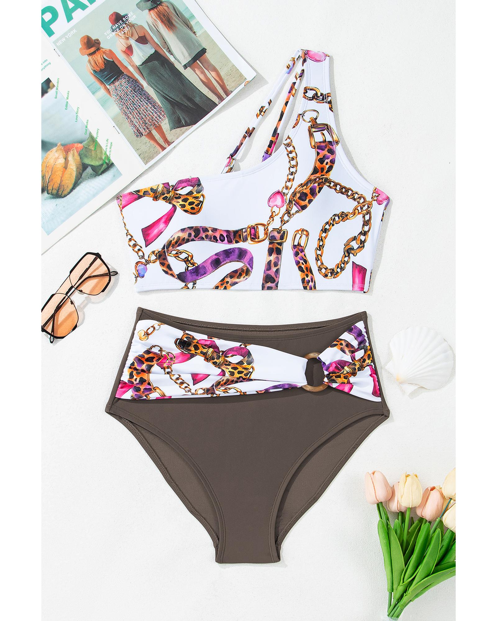 V539-AZEXDC434670-P1620-M-202508281340-00 Khaki Abstract Print One Shoulder Ring Linked High Waist Bikini - M - Image 1