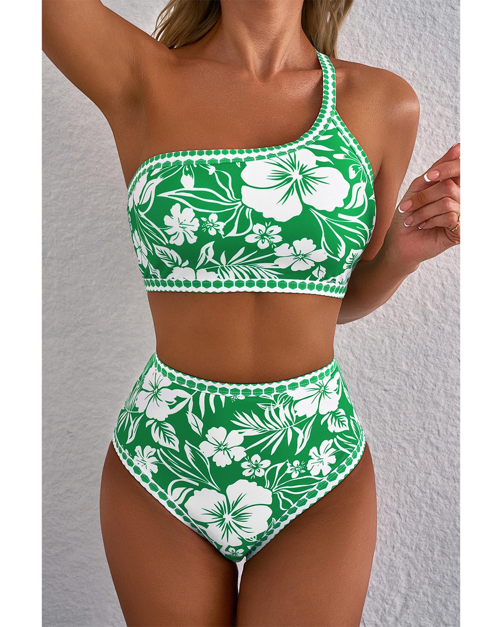 V539-AZEXDC434678-P920-XL-202508281810-00 Green Floral Print One Shoulder High Waist Bikini Set - XL - Image 1