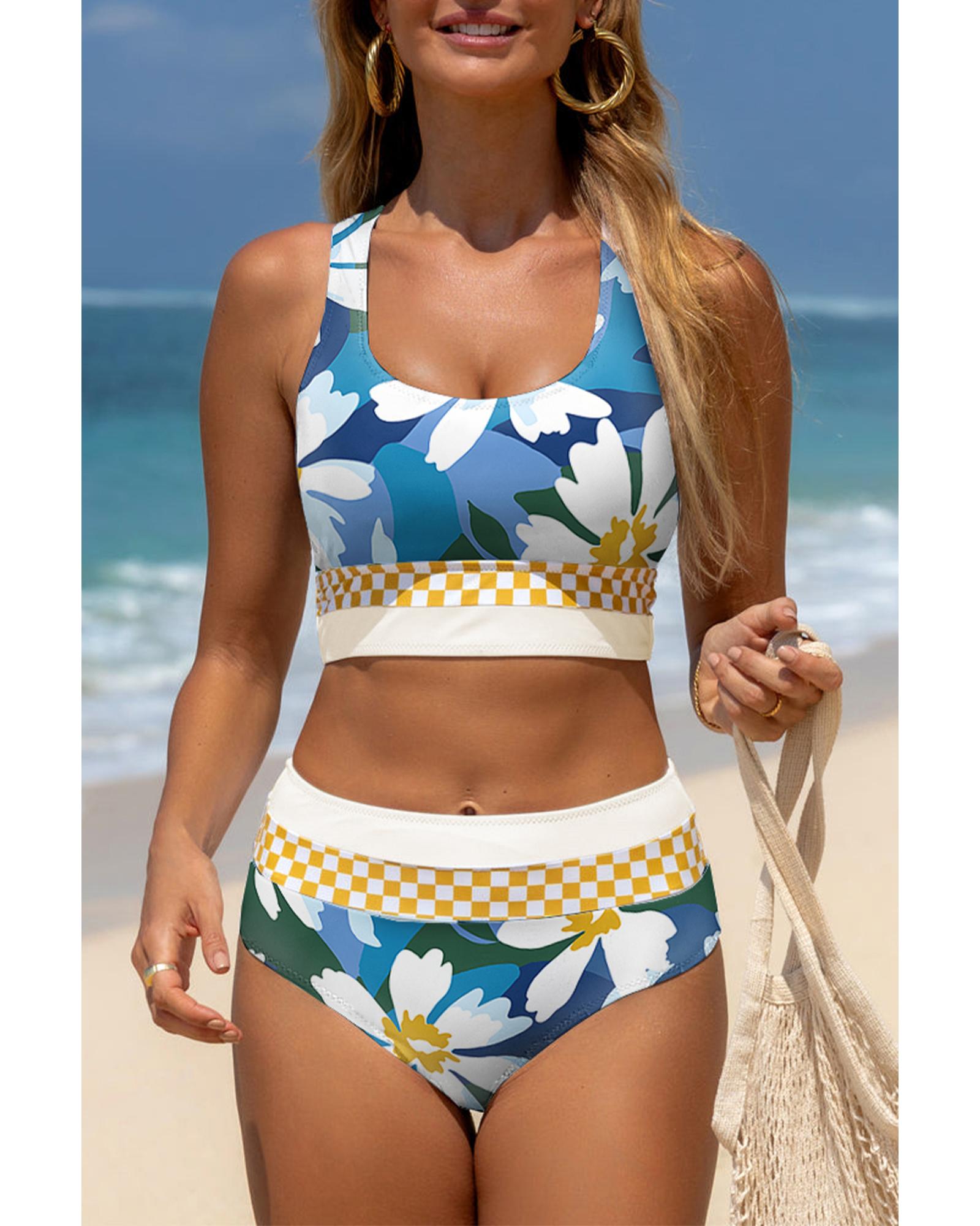 V539-AZEXDC434732-P920-S-202506140652-00 Green Floral Print Racerback Cutout High Waist 2pcs Bikini - S - Image 1