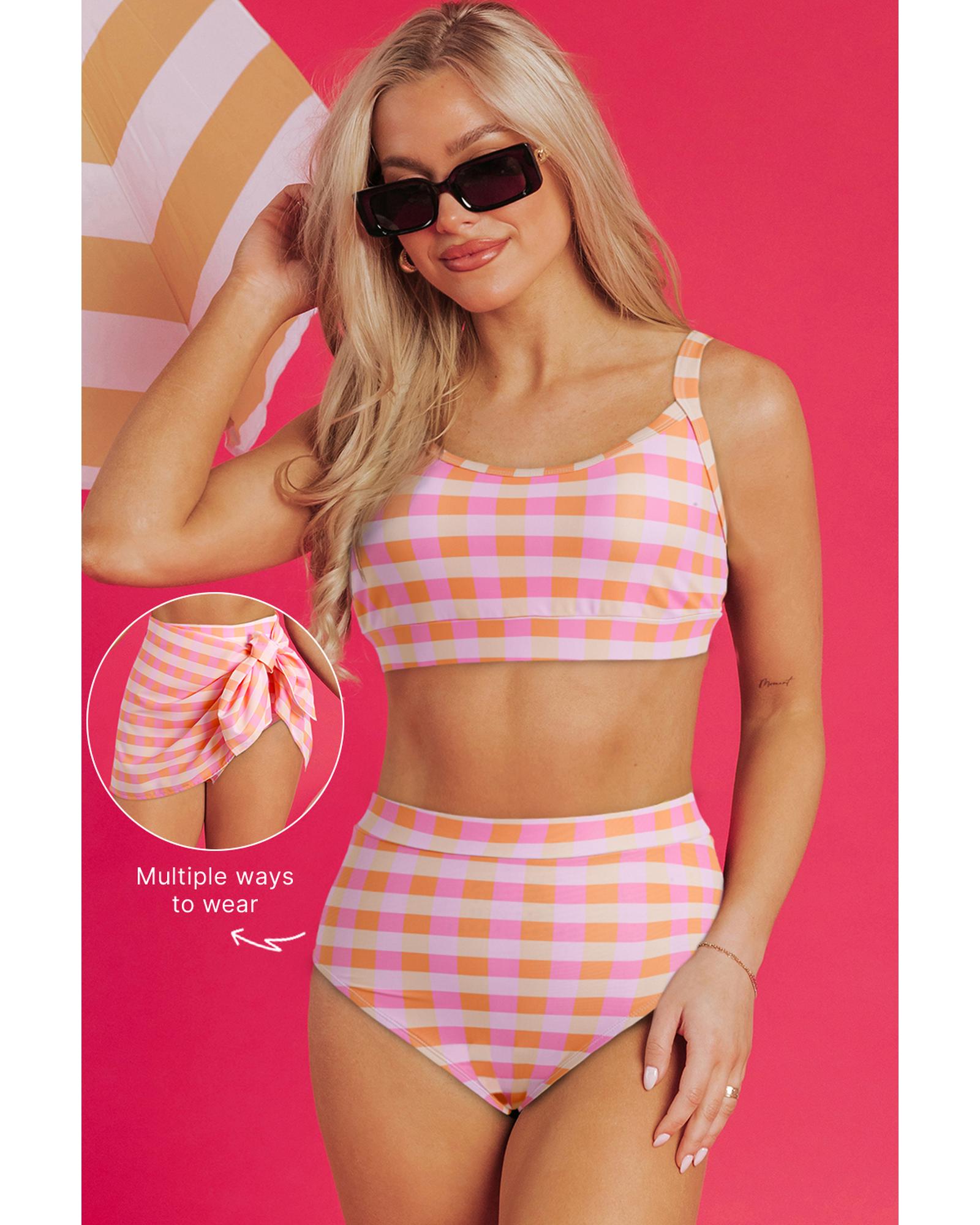 V539-AZEXDC434761-P1020-XL-202508280145-00 Pink 3pcs Gingham High Waist Bikini & Sarong - XL - Image 1