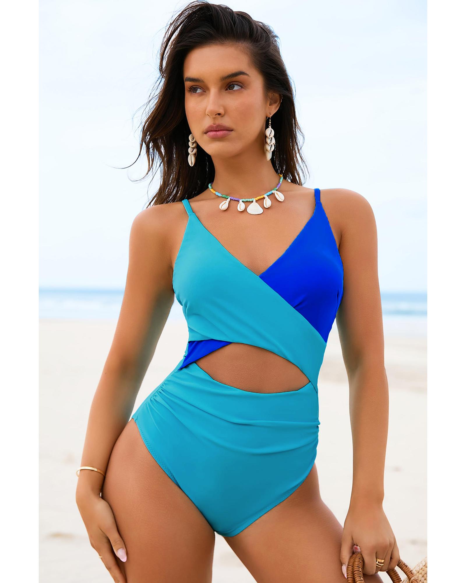 V539-AZEXDC443826-P4-M-202508300500-00 Light Blue Crossover Colorblock Cutout One Piece Swimsuit - M - Image 1