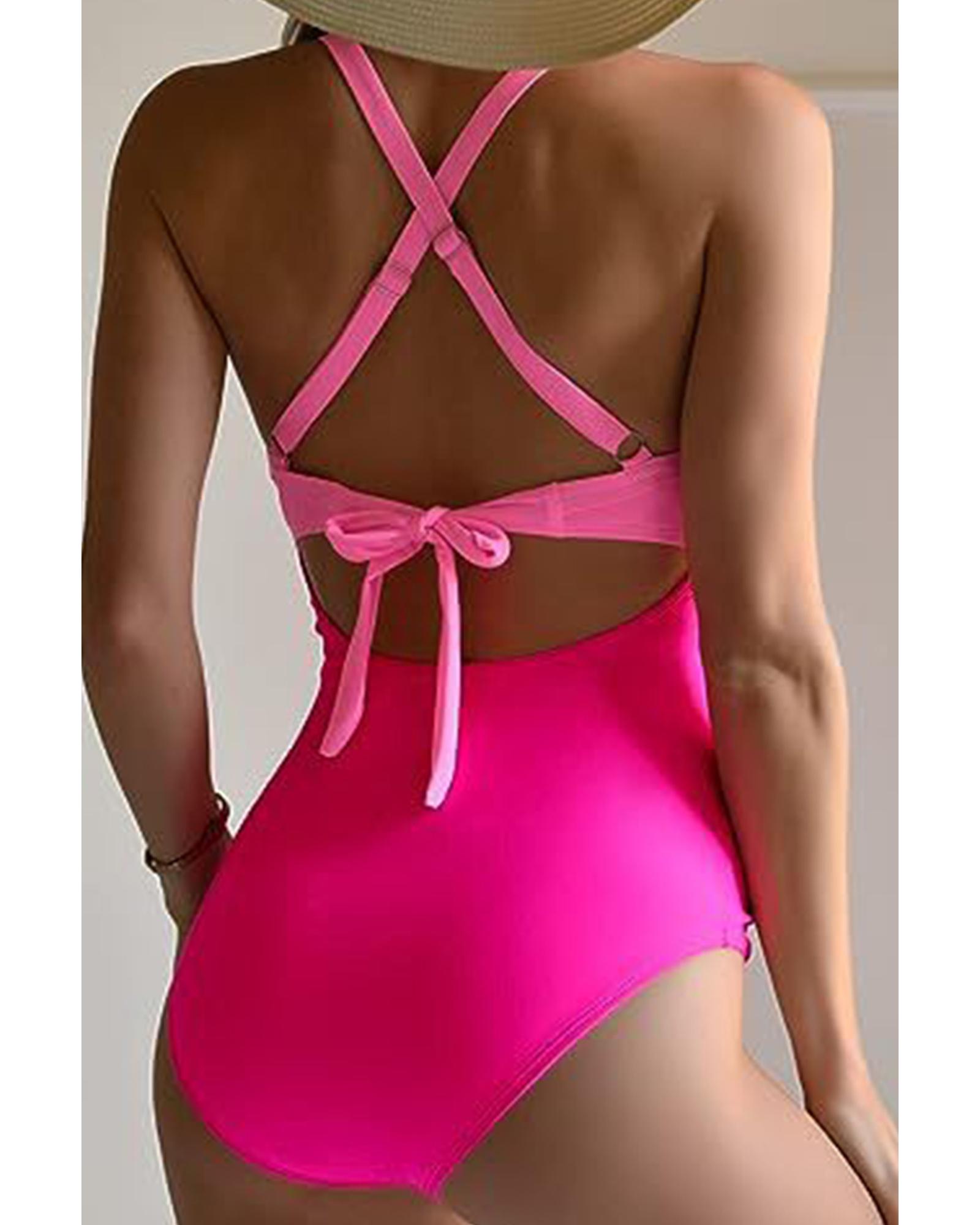 V539-AZEXDC443893-P1022-L-202508281805-00 Pink 2-tone Crossed Cutout Backless Monokini - L - Image 1