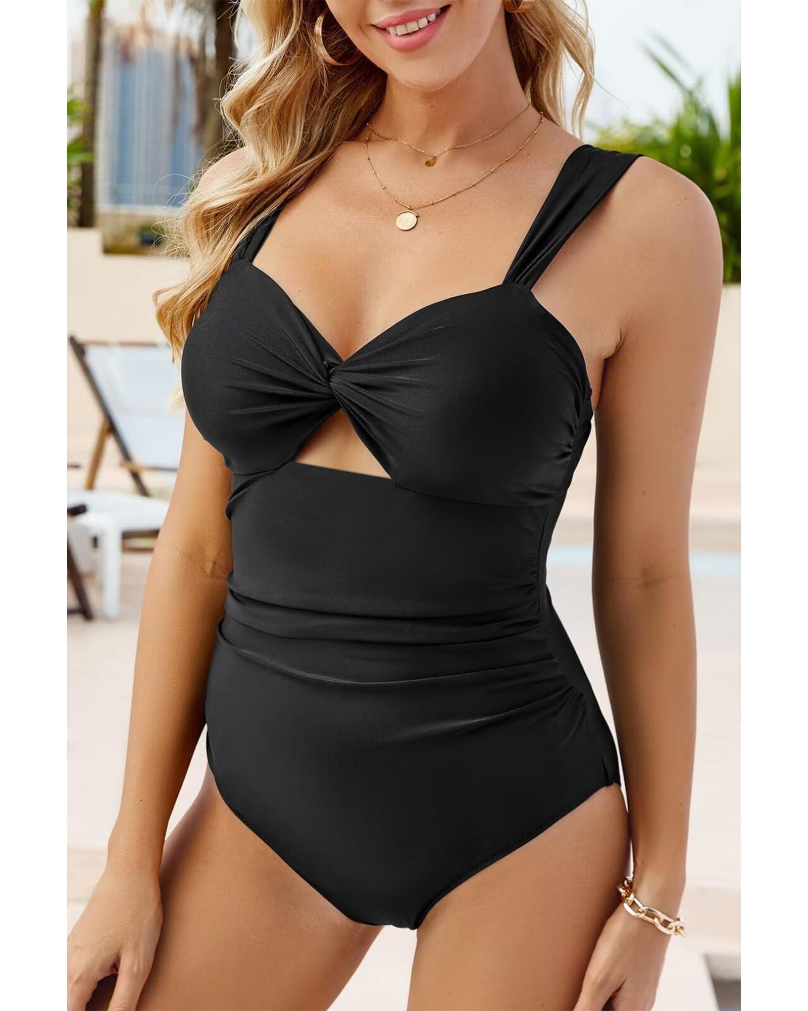 V539-AZEXDC444112-P2-M-202508281455-00 Black Cut out Twist Bowknot Backless One Piece Swimsuit - M - Image 1