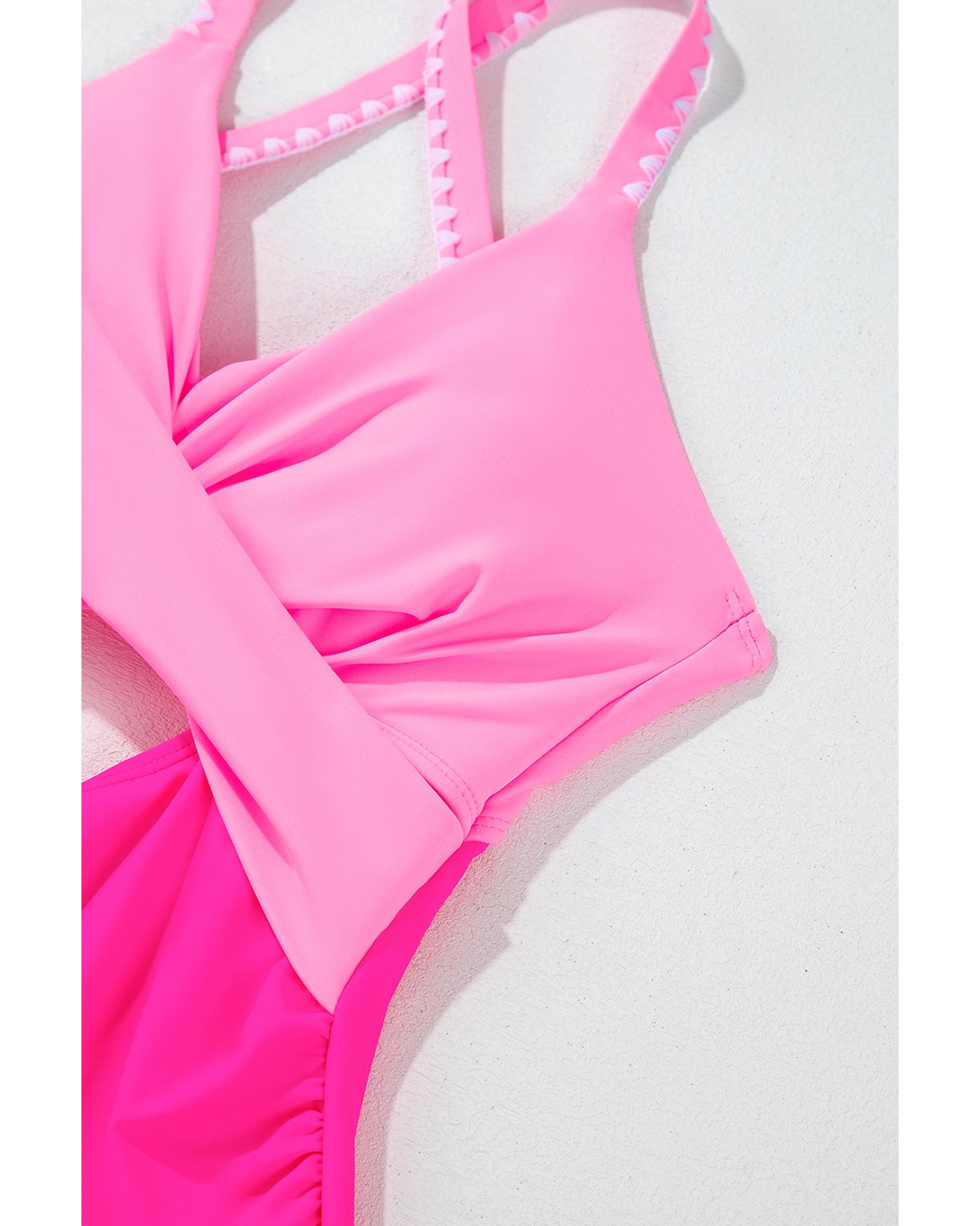 V539-AZEXDC444337-P6-S-202506141332-00 Rose Red Ric Rac Trim Contrasted Patchwork Cutout One Piece Swimsuit - S - Image 1