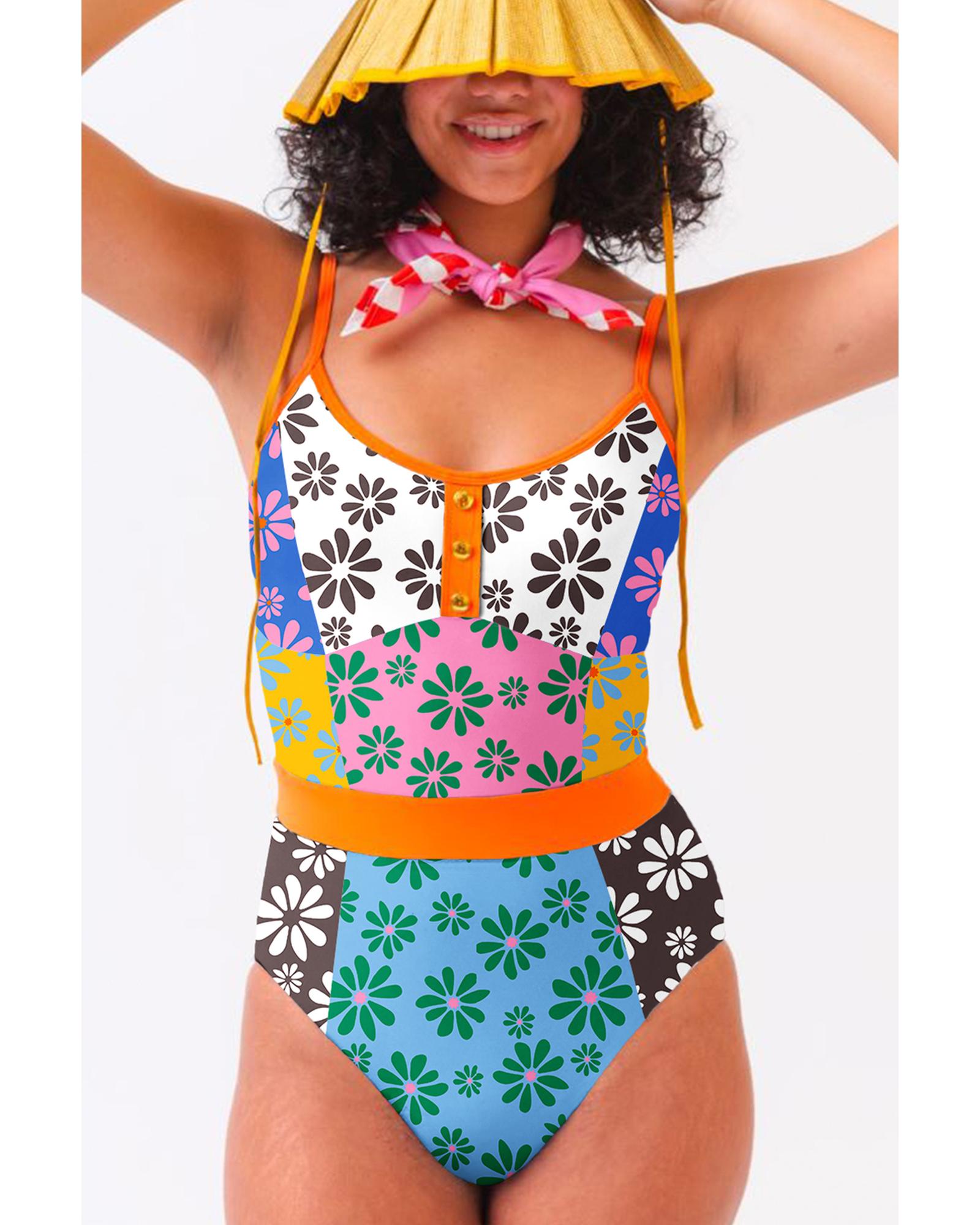 V539-AZEXDC444632-P1420-L-202508291605-00 Orange Floral Colorblock Buttoned Decor Front Spaghetti Straps Teddy Swimsuit - L - Image 1