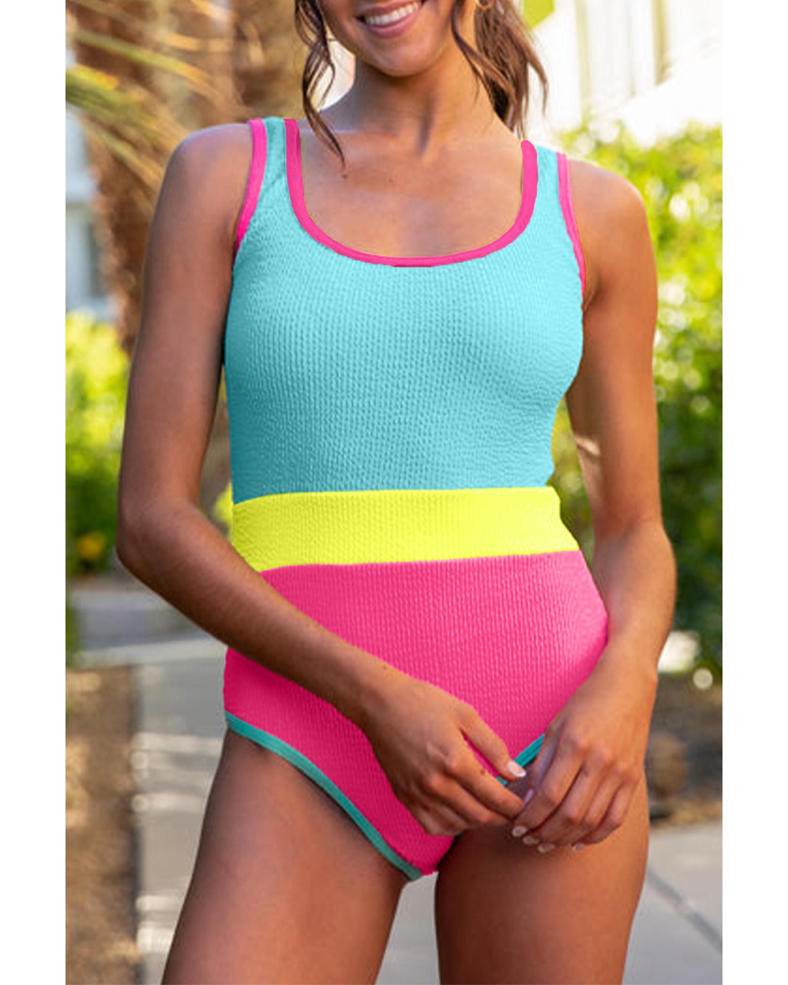 V539-AZEXDC444697-P104-M-202508280110-00 Iceland Blue Textured Color Block Patchwork One Piece Swimsuit - M - Image 1