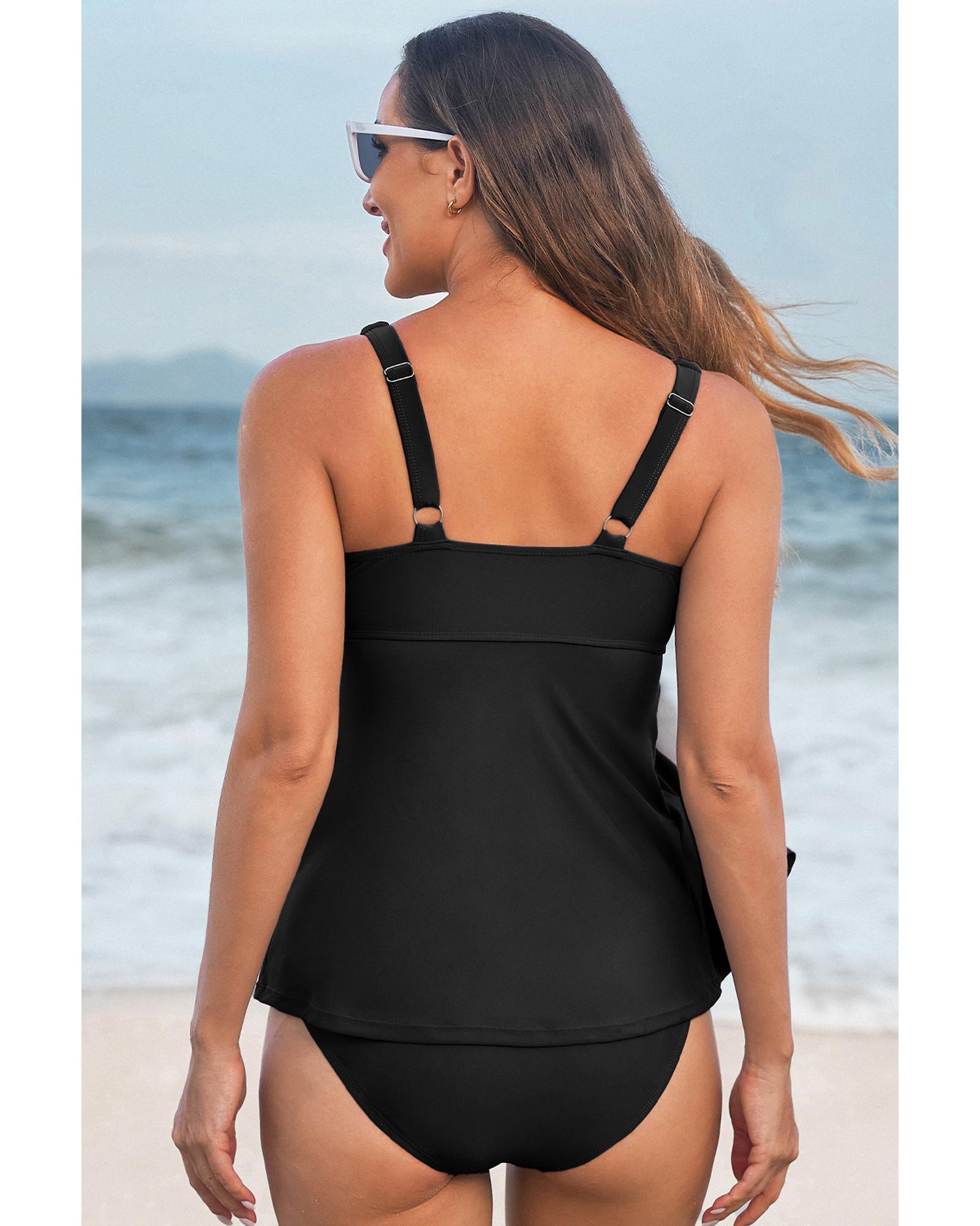 V539-AZEXDC46272-P2-L-202508281825-00 Black Crossed V Neck Adjustable Strap Babydoll Tankini Top - L - Image 1