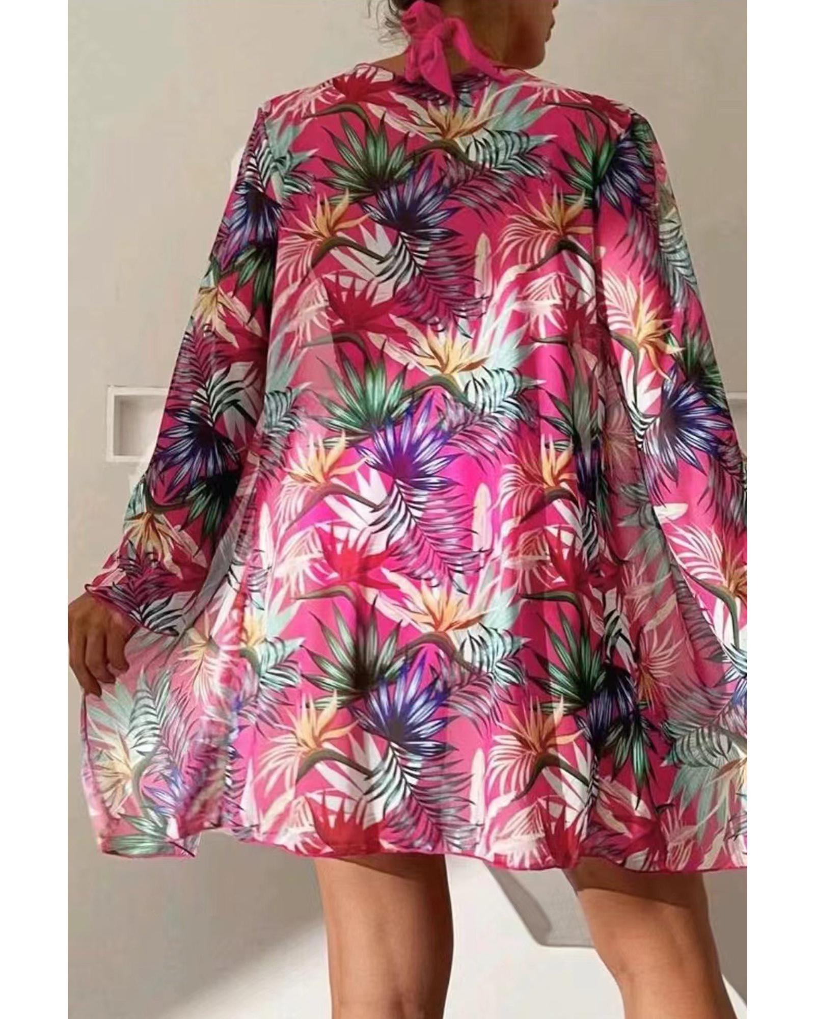 V539-AZEXDC481421-P6-M-202508290000-00 Rose Red 3pcs Tropical Contrast Trim Halter Bikini Set with Cover up - M - Image 1