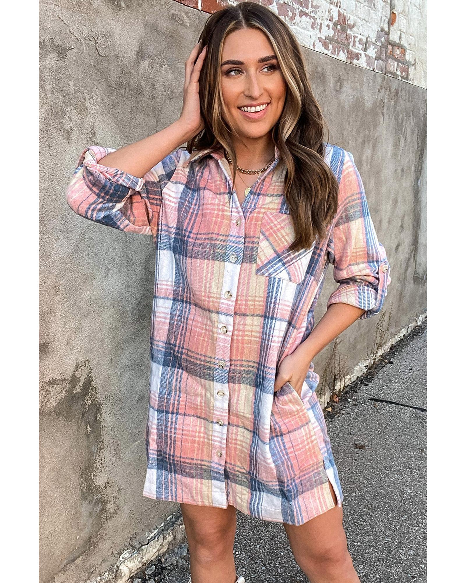 V539-AZEXDC6116721-10-L-202508280900-00 Azura Exchange Pink Plaid Roll-tab Sleeve Side Slit Shirt Dress - L - Image 1