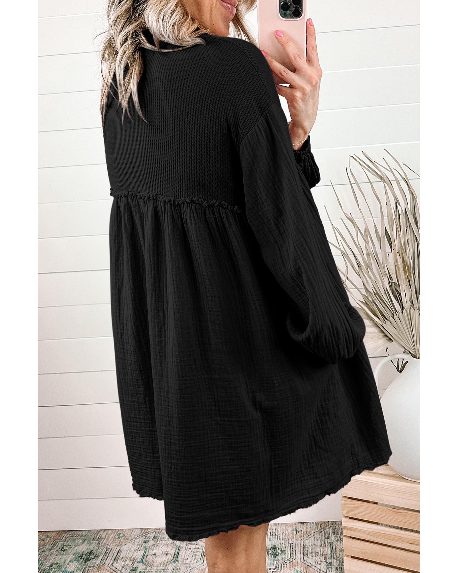 V539-AZEXDC6117009-2-M-202508291250-00 Azura Exchange Black Patchwork Crinkle Puff Sleeve Shirt Dress - M - Image 1
