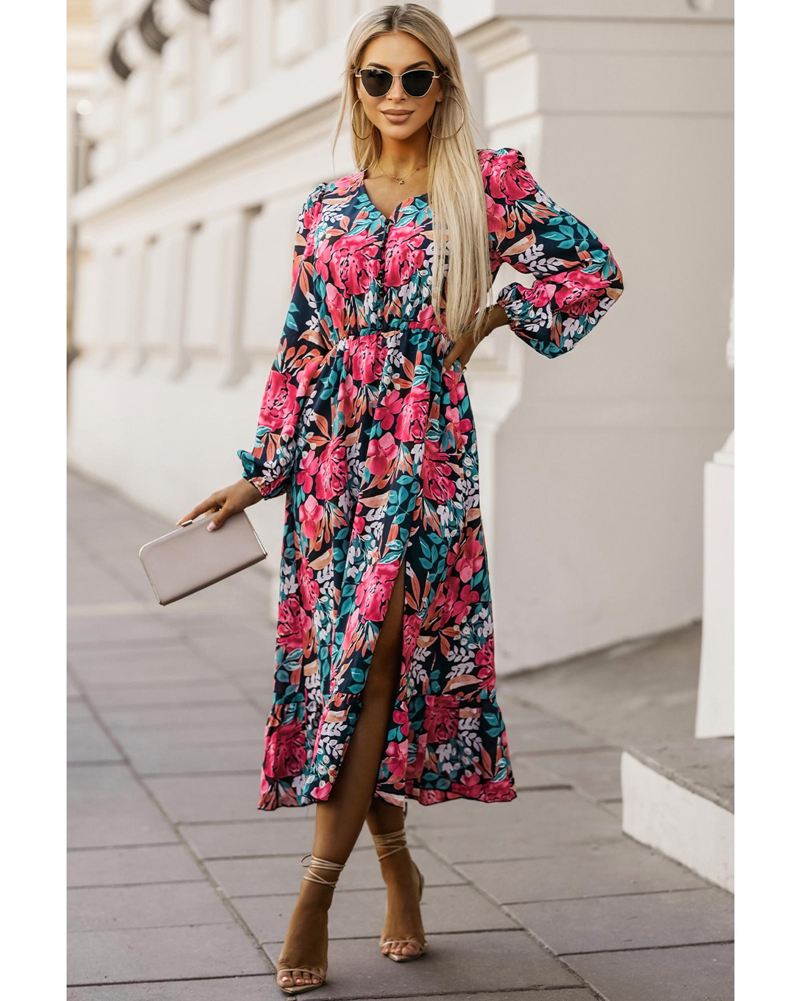 V539-AZEXDC6117130-3-L-202508292225-00 Azura Exchange Red V Neck Elastic High Waist Split Floral Dress - L - Image 1