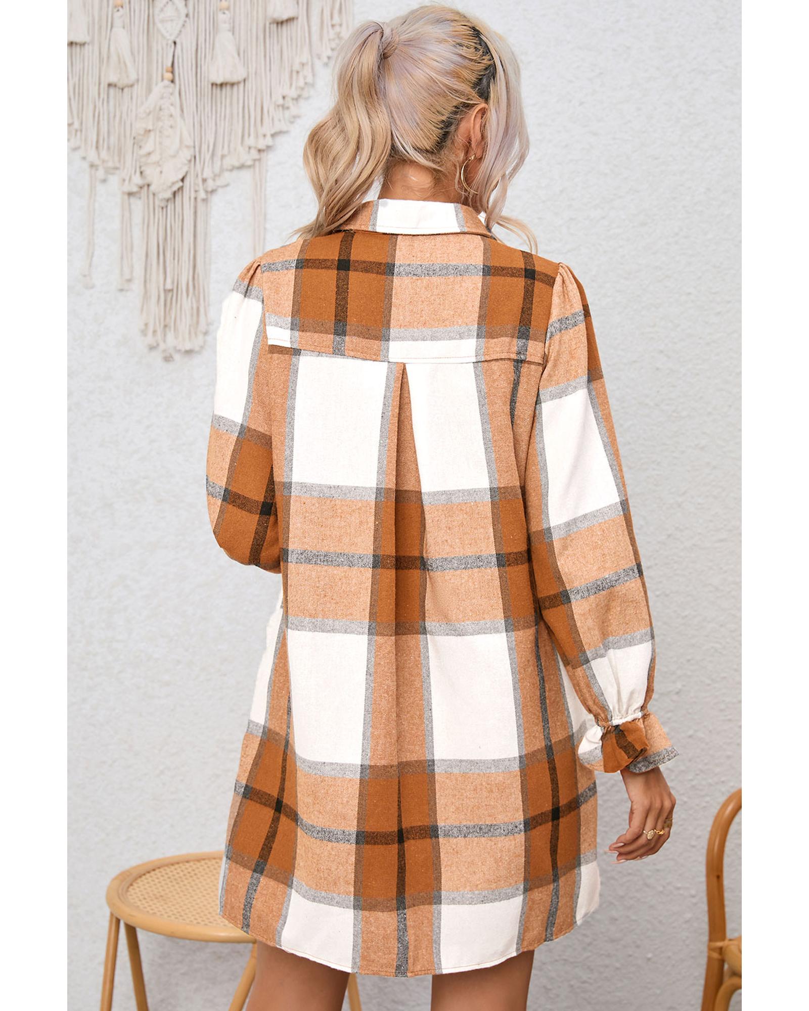 V539-AZEXDC6117146-16-M-202508280020-00 Khaki Plaid Pattern Collared Neck Ruffled Sleeve Shirt Dress - M - Image 1