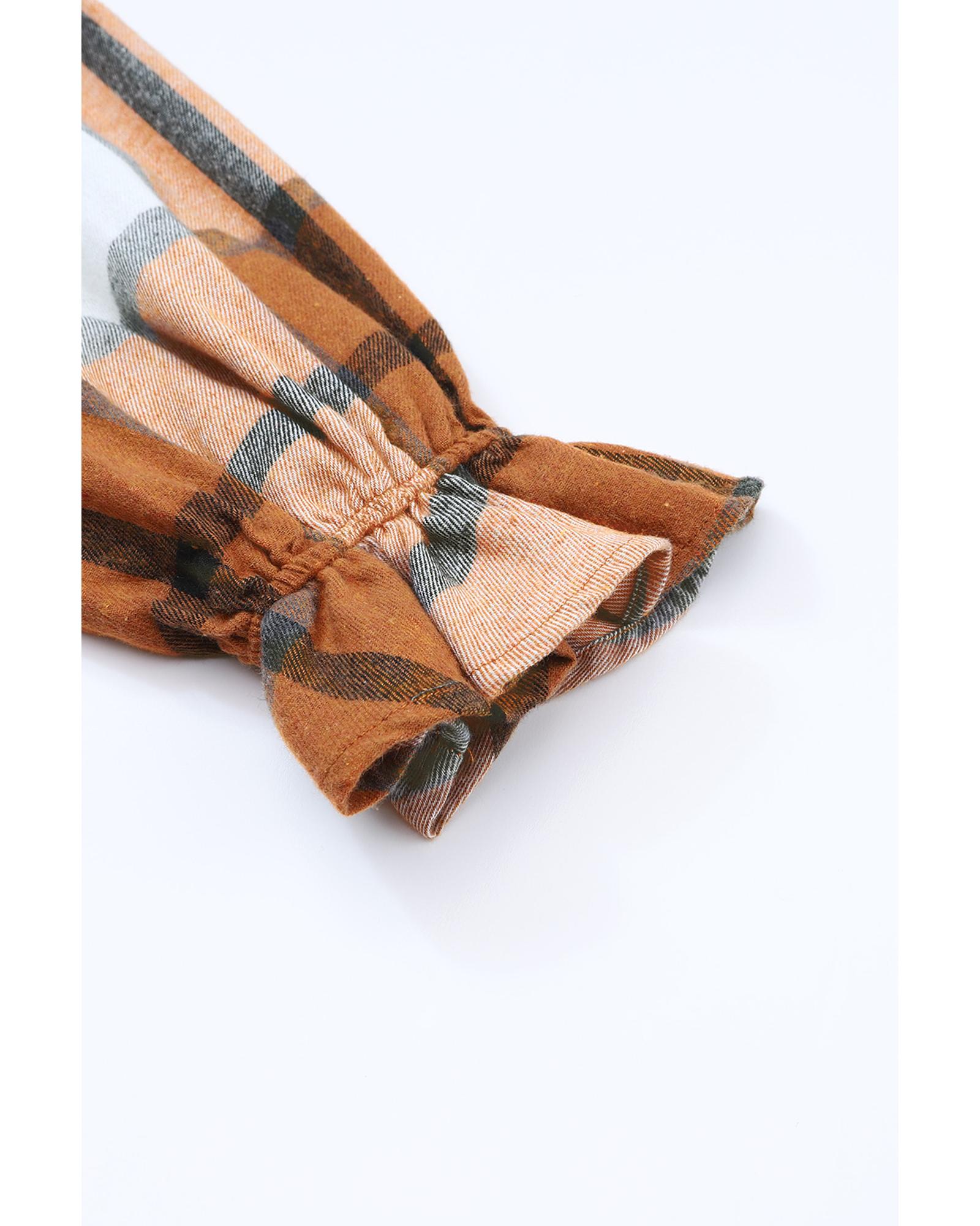 V539-AZEXDC6117146-16-XL-202508280315-00 Khaki Plaid Pattern Collared Neck Ruffled Sleeve Shirt Dress - XL - Image 1