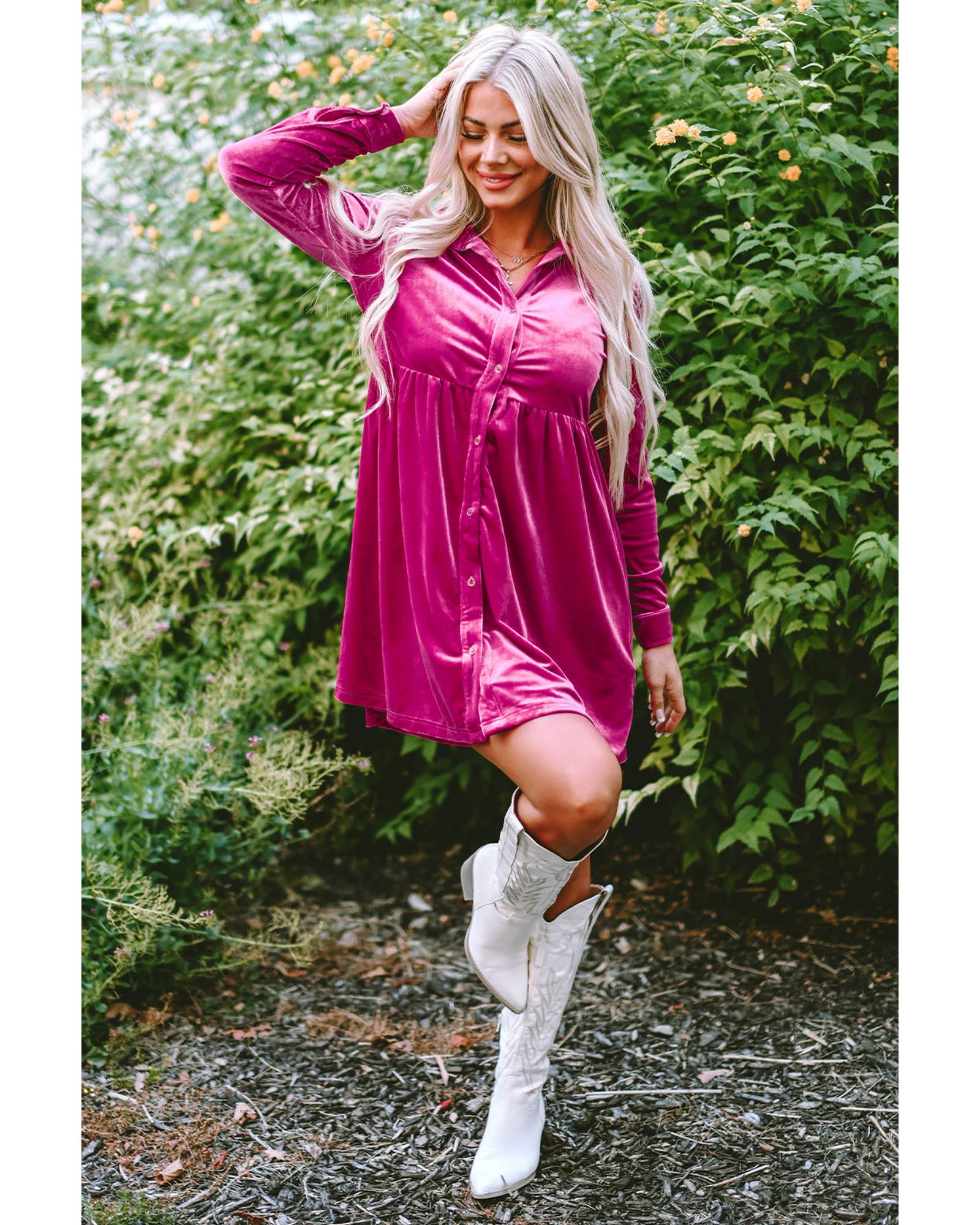 V539-AZEXDC6117352-6-XL-202508281805-00 Azura Exchange Rose Long Sleeve Ruffle Velvet Button Up Dress - XL - Image 1