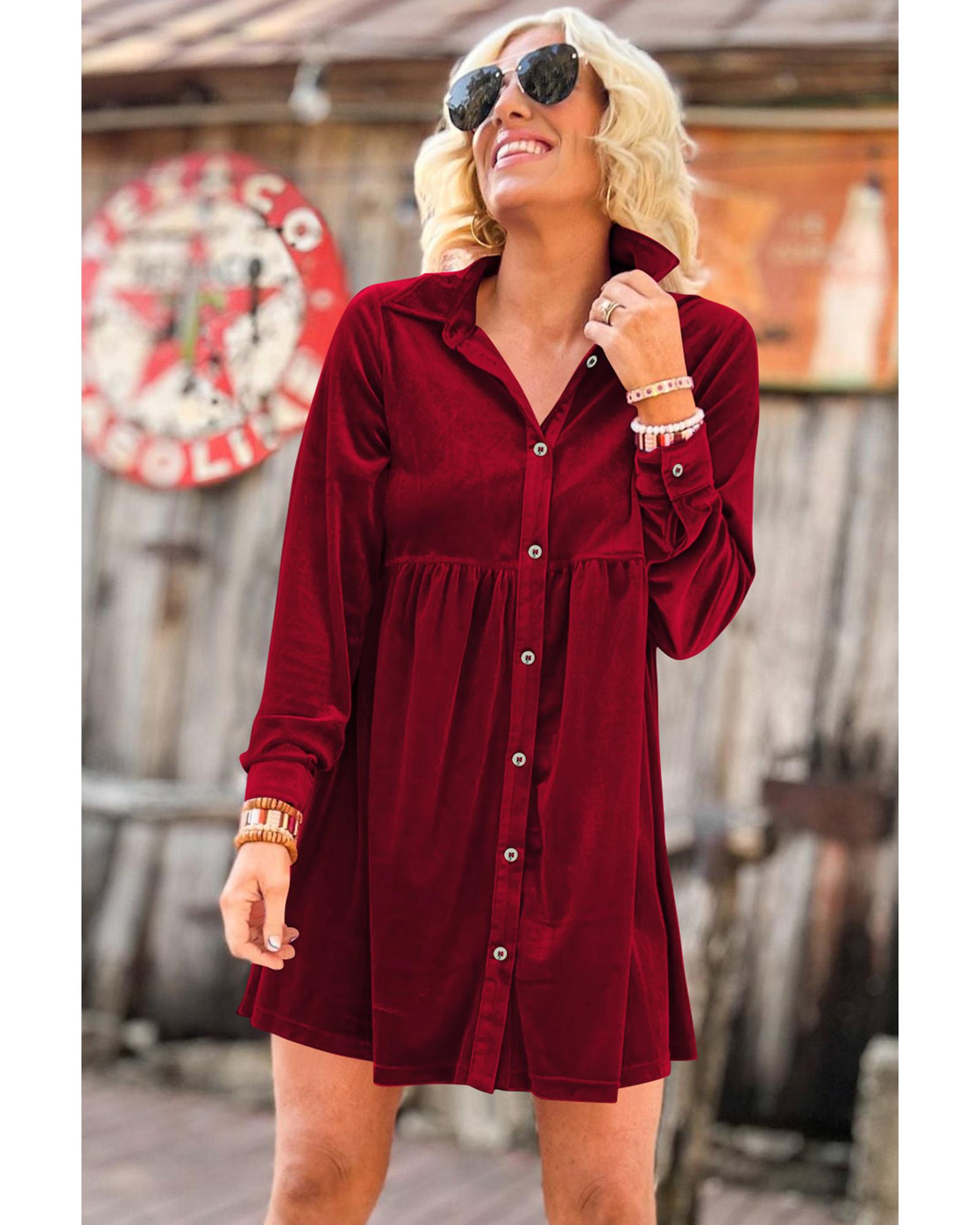 V539-AZEXDC6117352-P3-XL-202508282350-00 Red Long Sleeve Ruffle Velvet Button Up Dress - XL - Image 1
