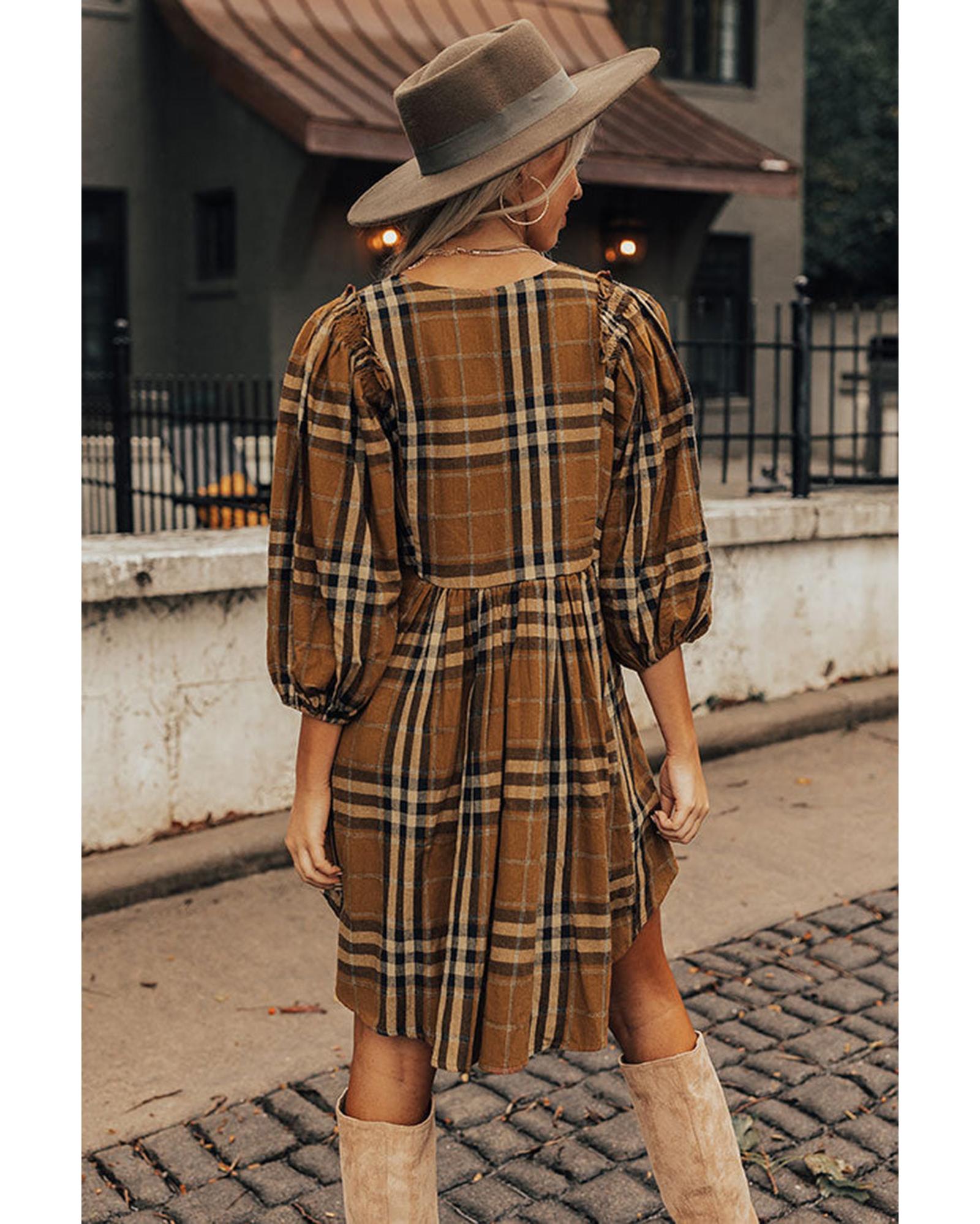 V539-AZEXDC6117629-17-XL-202508280135-00 Brown Plaid Pattern Empire Waist Babydoll Dress - XL - Image 1