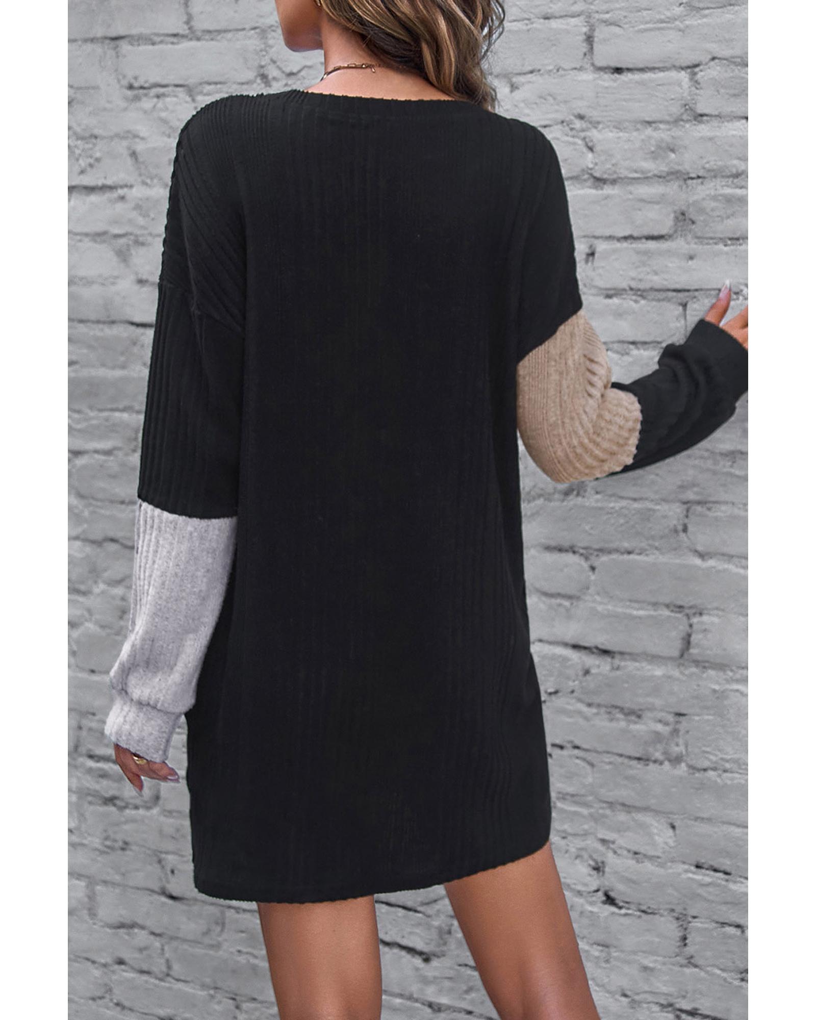 V539-AZEXDC6117767-2-M-202508280755-00 Black Ribbed Color Block Drop Shoulder Long Sleeve Mini Dress - M - Image 1