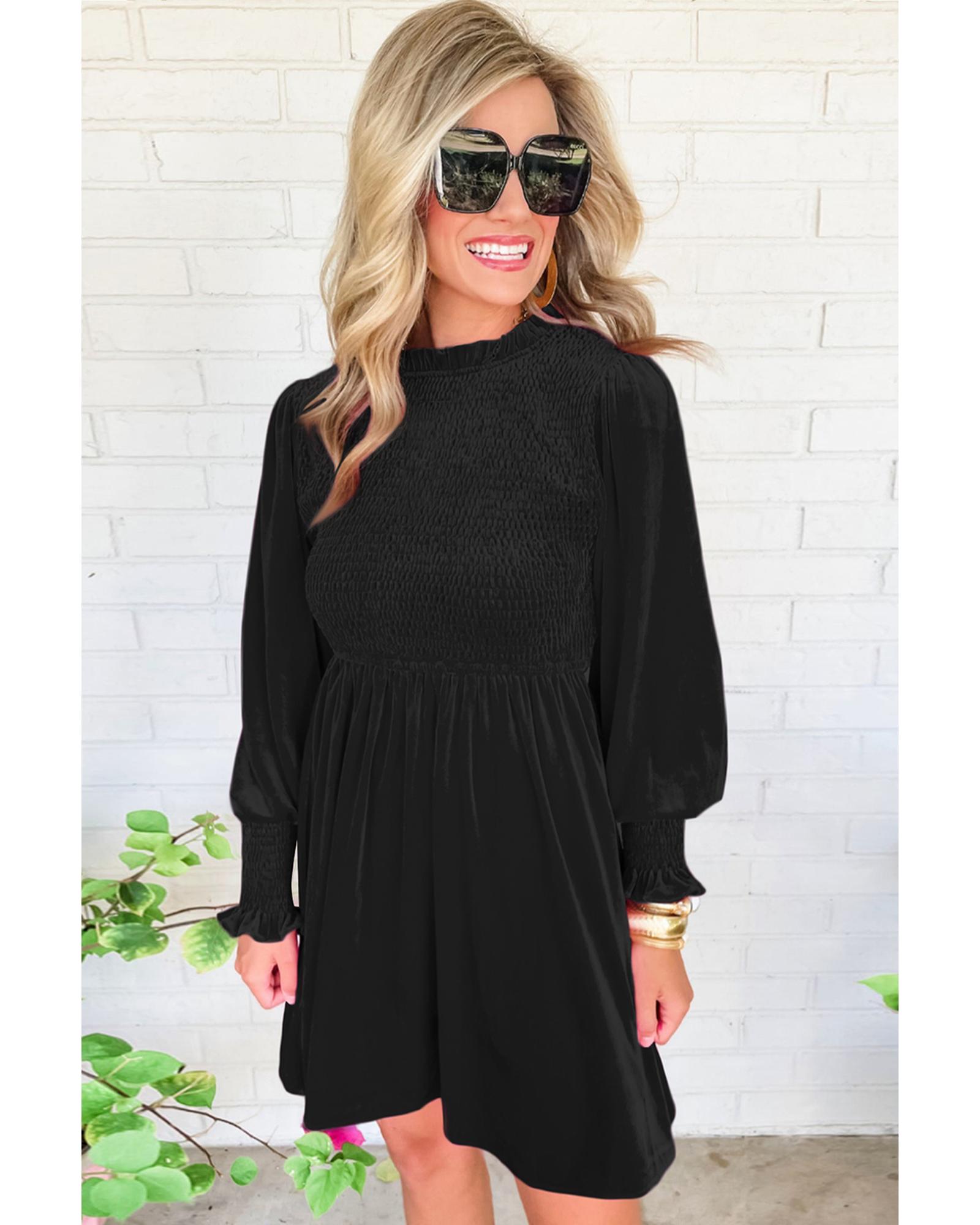 V539-AZEXDC6118065-P2-XL-202508291240-00 Black Frilled Neck Smocked Bodice Velvet Dress - XL - Image 1