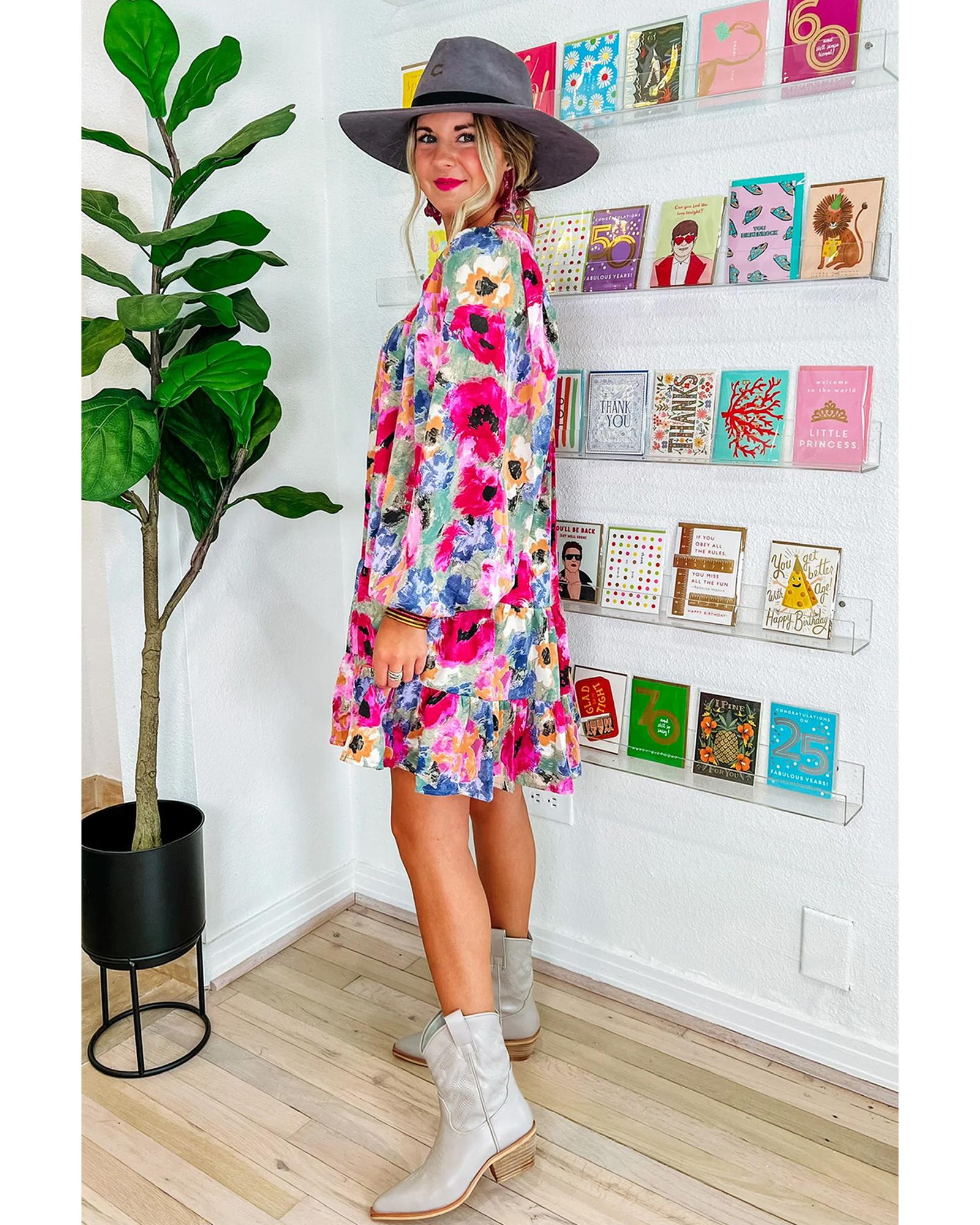 V539-AZEXDC6118071-P22-S-202506141154-00 Multicolour Floral Tie Neck Bubble Sleeve Shift Dress - S - Image 1