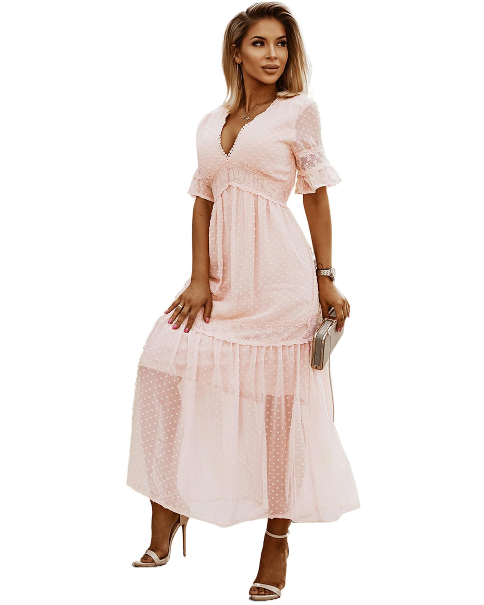 V539-AZEXDC611811-10-XL-202508280535-00 Swiss Dot Lace Trim Maxi Dress - XL - Image 1