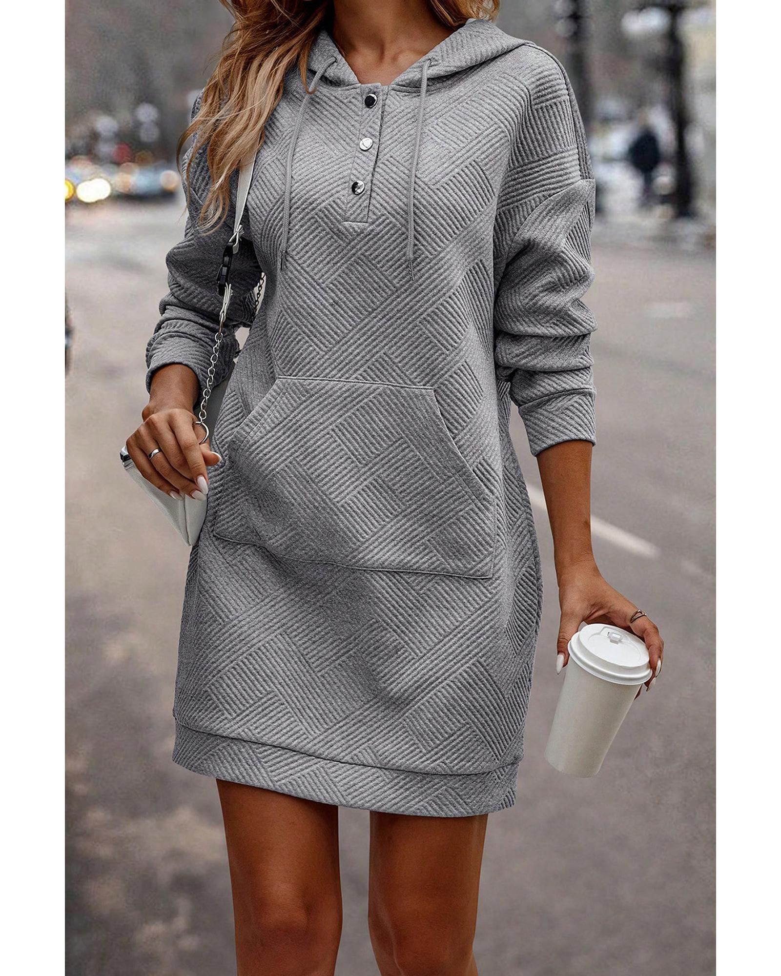 V539-AZEXDC6118231-P11-S-202508281705-00 Gray Textured Kangaroo Pocket Drawstring Hooded Mini Dress - S - Image 1