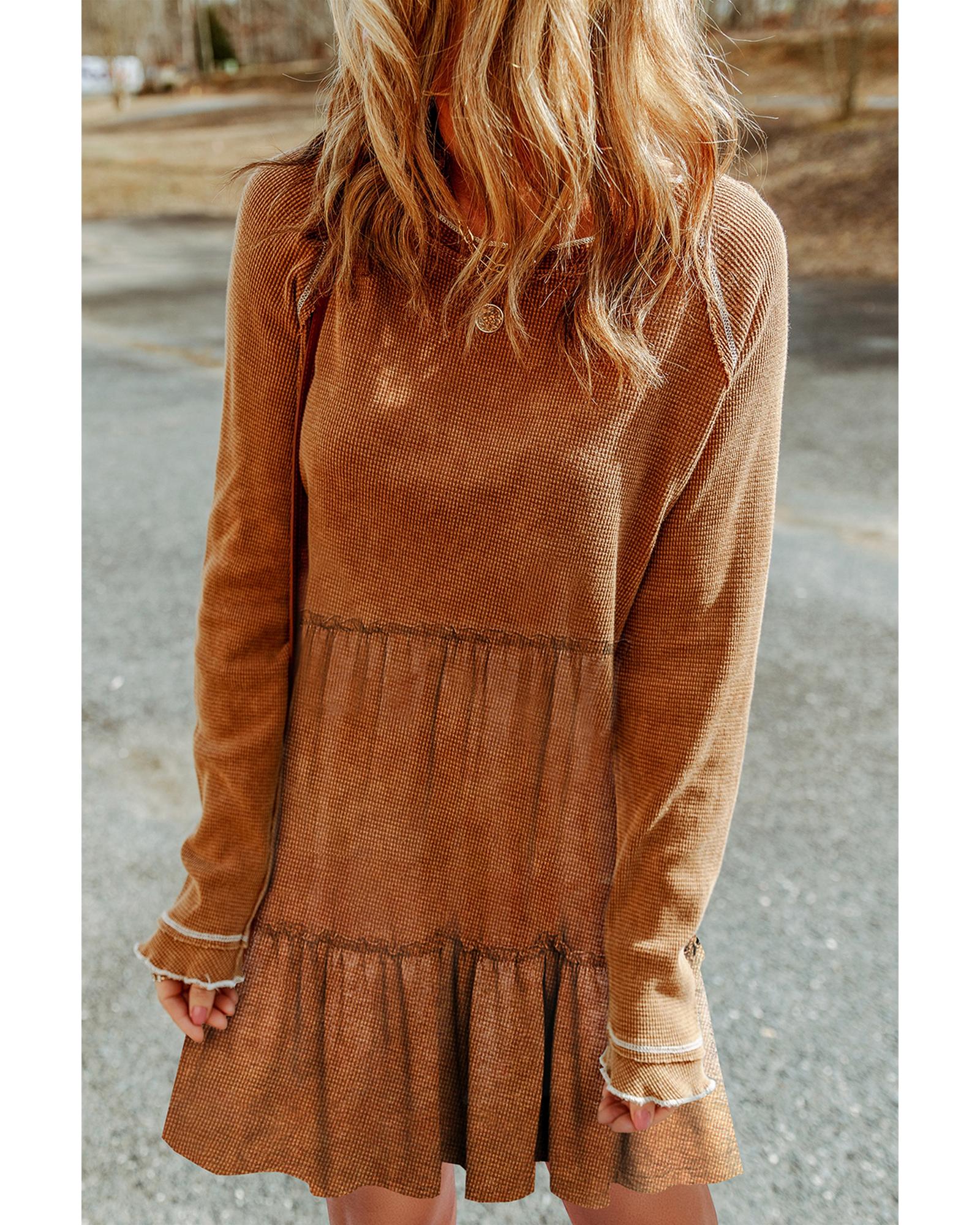 V539-AZEXDC6118304-P2017-XL-202506141222-00 Chestnut Textured Tiered Ruffled Long Sleeve Mini Dress - XL - Image 1