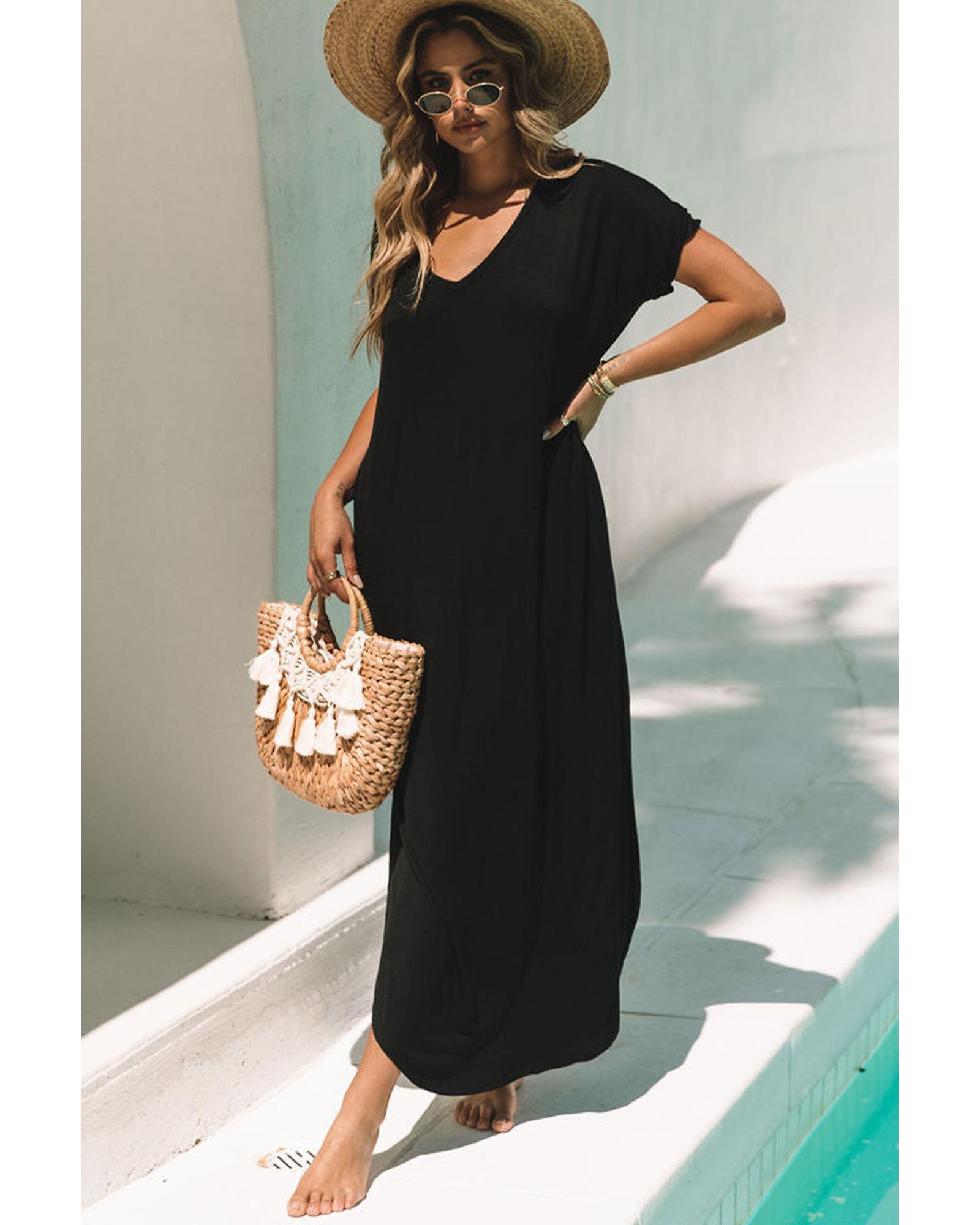 V539-AZEXDC6118514-P2-L-202508300155-00 Black V Neck Hidden Pocket Splits Maxi T-shirt Dress - L - Image 1