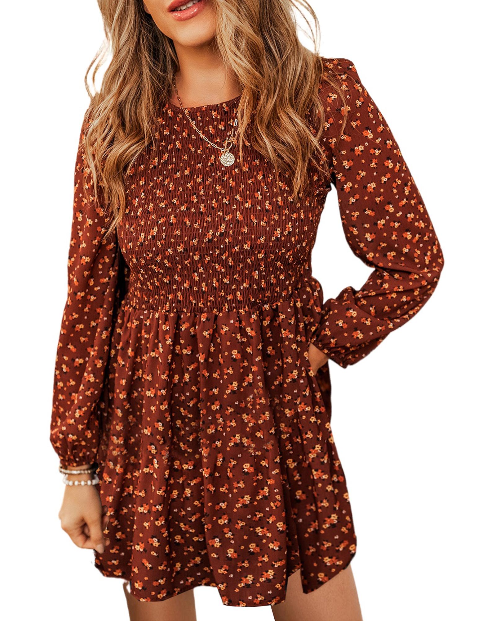 V539-AZEXDC6118756-P1720-XL-202508280840-00 Brown Floral Smocked Bodice Mini Dress - XL - Image 1