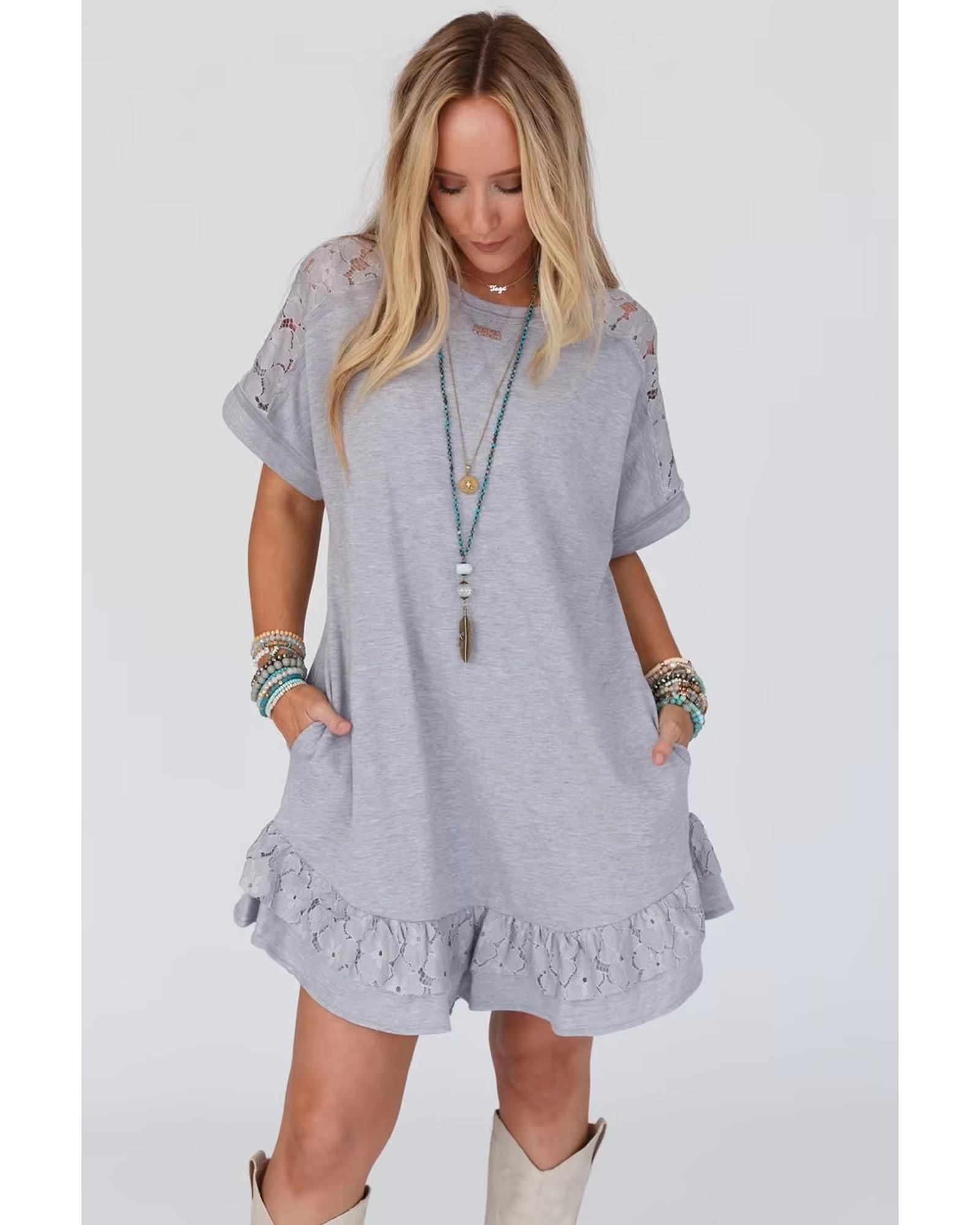 V539-AZEXDC6118794-P1011-M-202508281340-00 Light Grey Lace Floral Patchwork Ruffled T-shirt Dress - M - Image 1