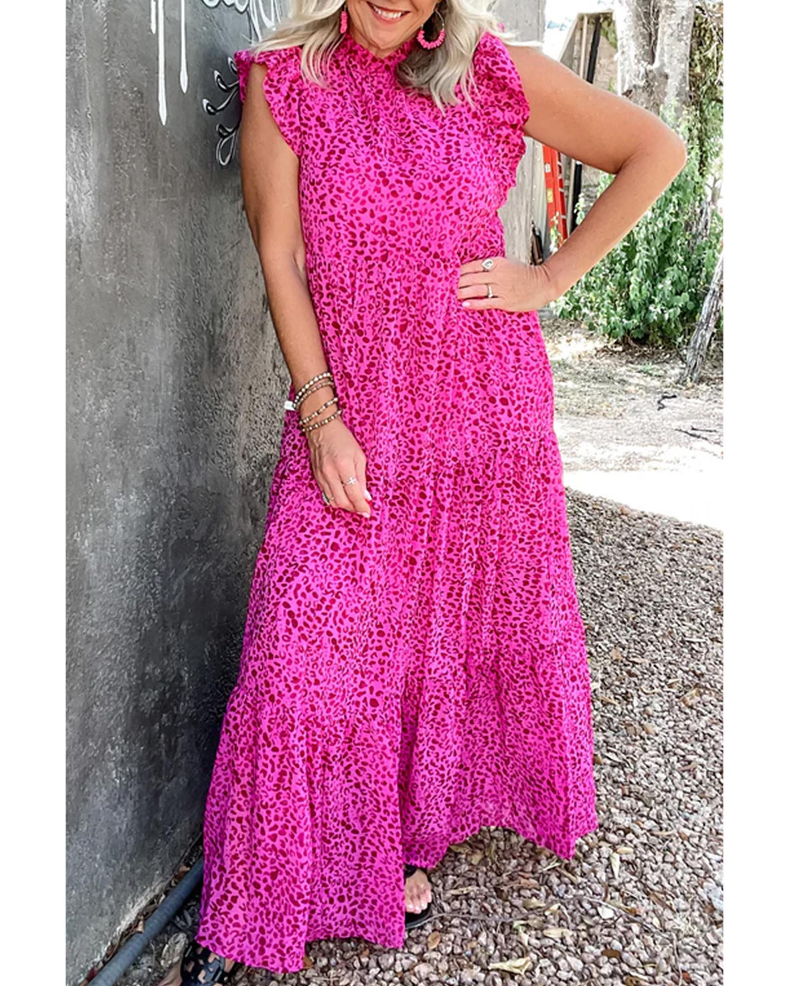 V539-AZEXDC6118877-P6-L-202508300110-00 Rose Red Leopard Print Ruffled Trim Tiered Maxi Dress - L - Image 1