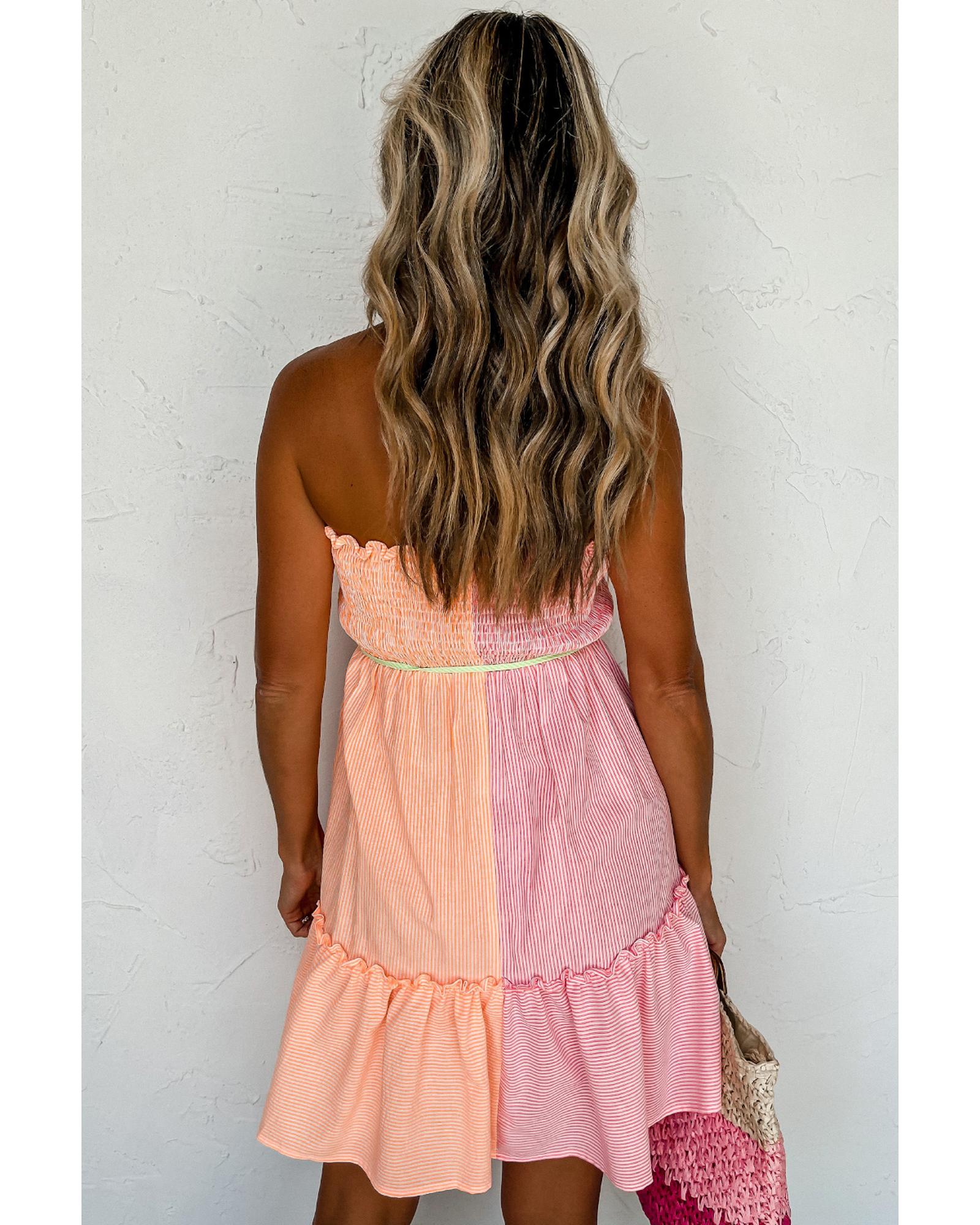 V539-AZEXDC6119007-P1019-L-202508291645-00 Pink Stripe Color Block Smocked Button Front Frilled Strapless Mini Dress - L - Image 1