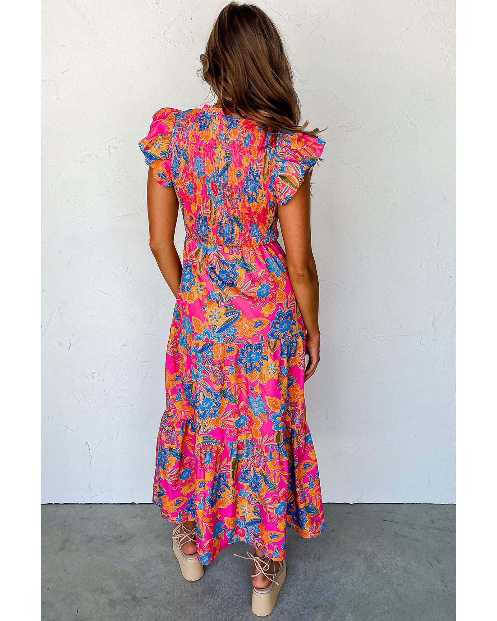 V539-AZEXDC6119015-P622-L-202508280806-00 Rose Red Boho Floral V Neck Ruffle Tiered Long Dress - L - Image 1