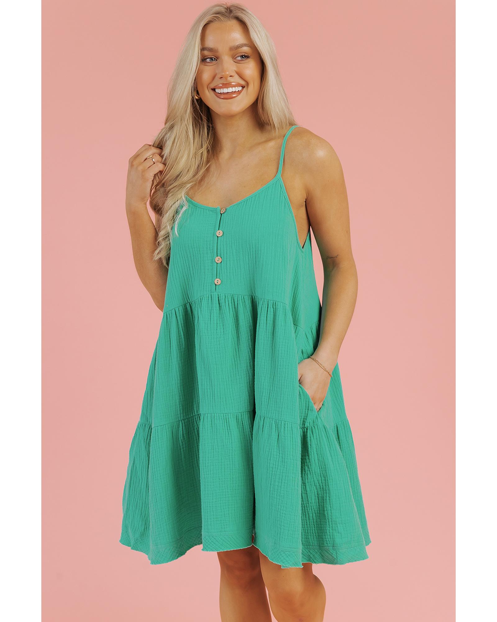 V539-AZEXDC6119384-P409-XL-202508290000-00 Sea Green Textured Buttoned Thin Strap Tiered Loose Fit Mini Dress - XL - Image 1