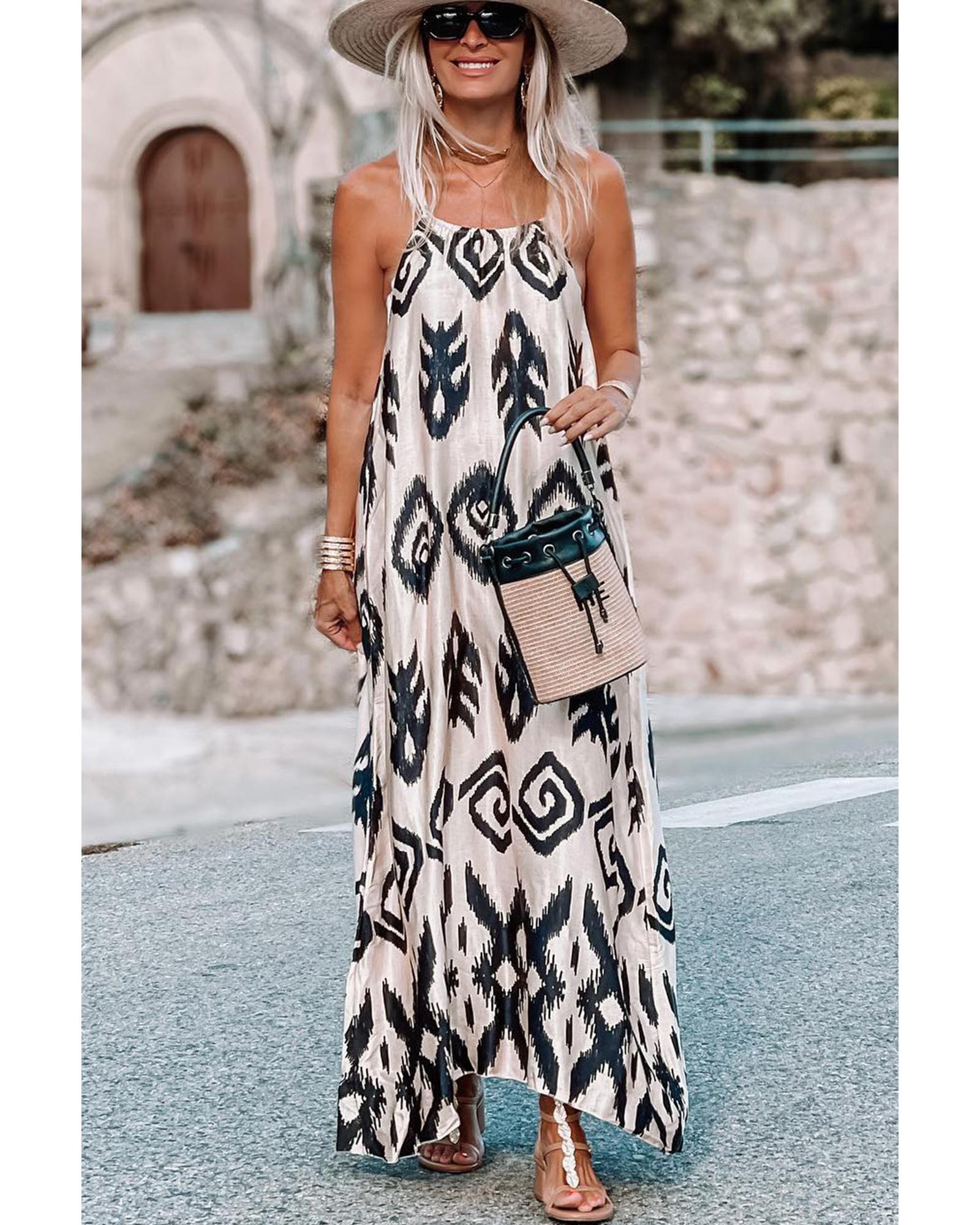 V539-AZEXDC6119591-P220-M-202508281625-00 Black Western Aztec Printed Fashion Vacation Sundress - M - Image 1