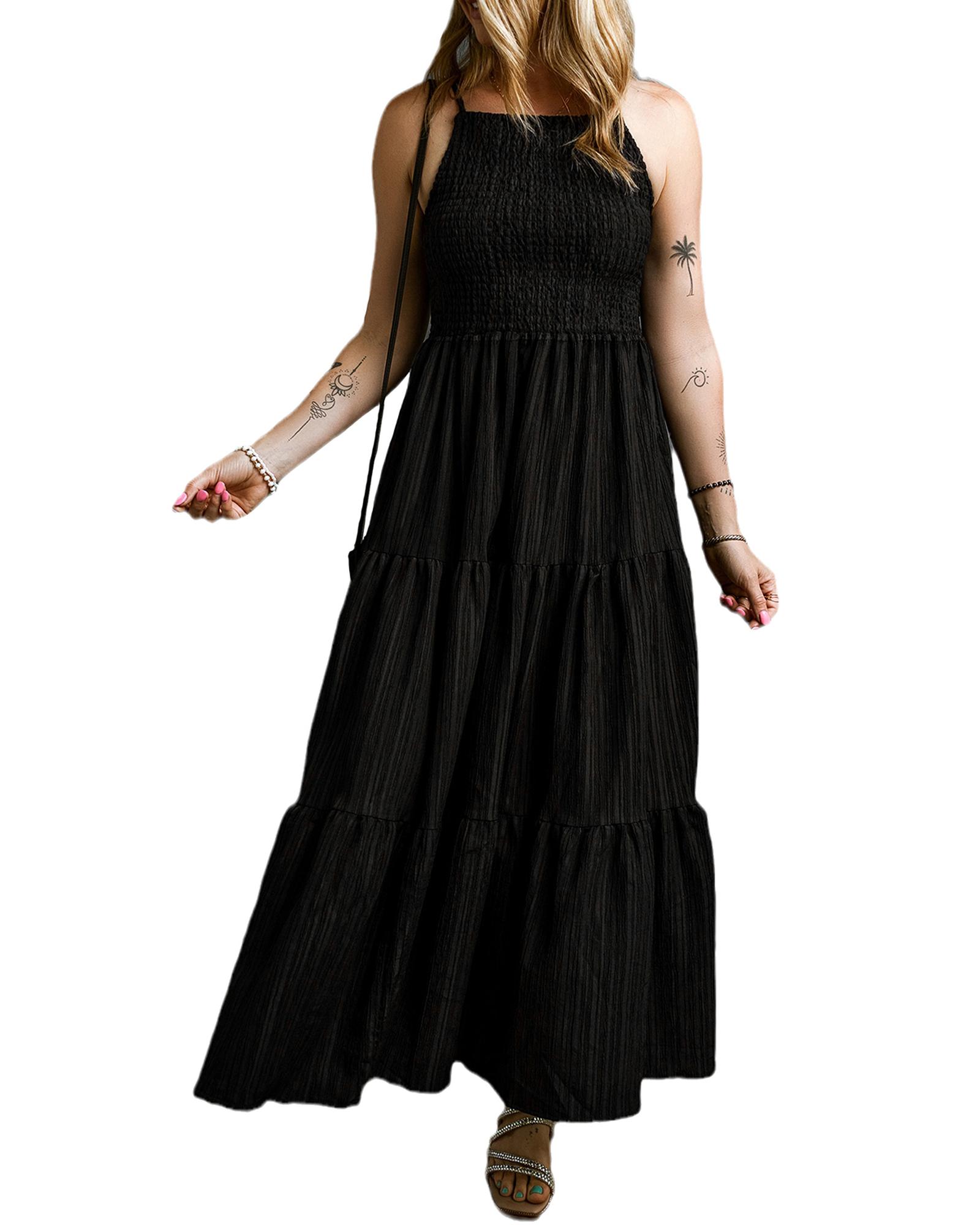 V539-AZEXDC6119786-P2-M-202508292105-00 Black Spaghetti Straps Smocked Pleated Tiered Maxi Dress - M - Image 1