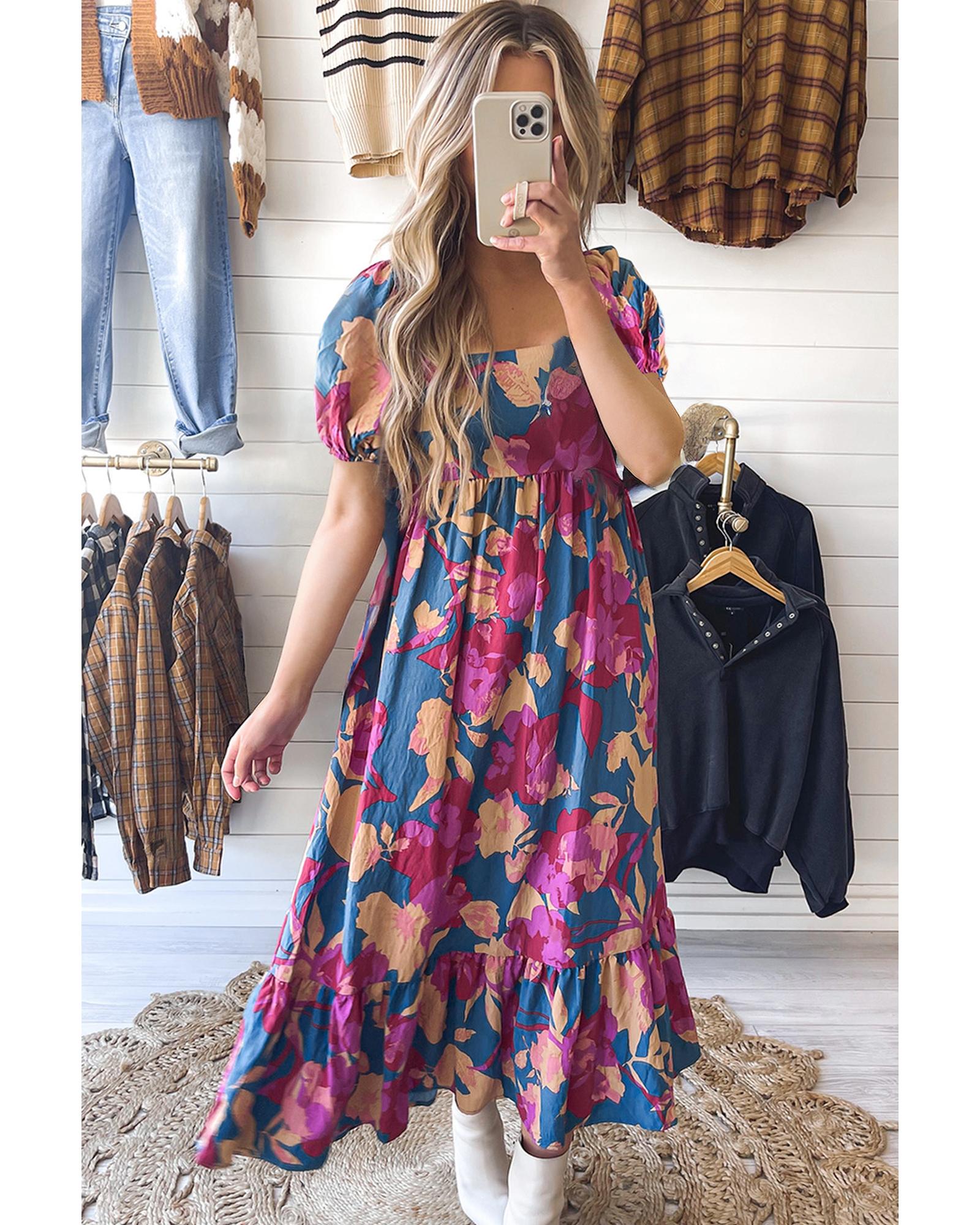 V539-AZEXDC6120005-P522-S-202506141246-00 Dark Blue Square Neck Bubble Sleeve Ruffled Floral Dress - S - Image 1