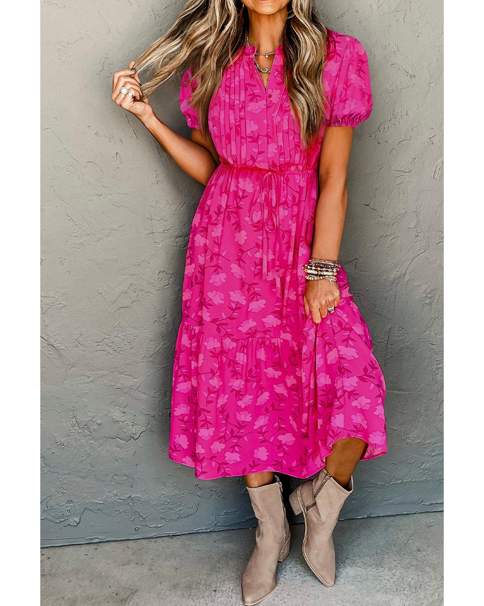 V539-AZEXDC6120152-P622-L-202508280320-00 Rose Red Floral Print Pleated Drawstring Flowy Midi Dress - L - Image 1