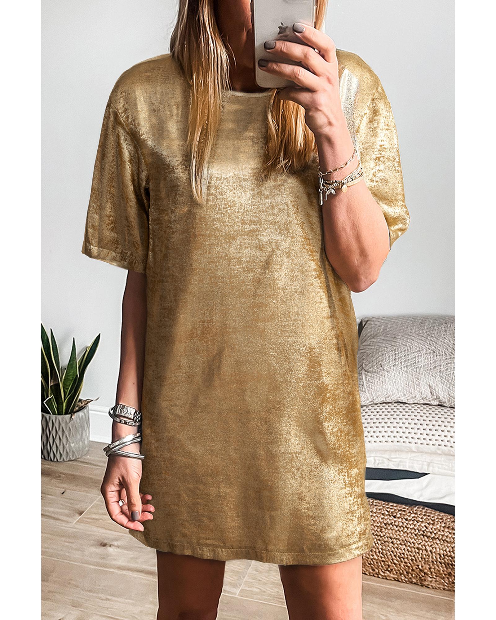 V539-AZEXDC6120157-P12-L-202508280850-00 Gold Metallic Luster Crewneck Mini T-Shirt Dress - L - Image 1