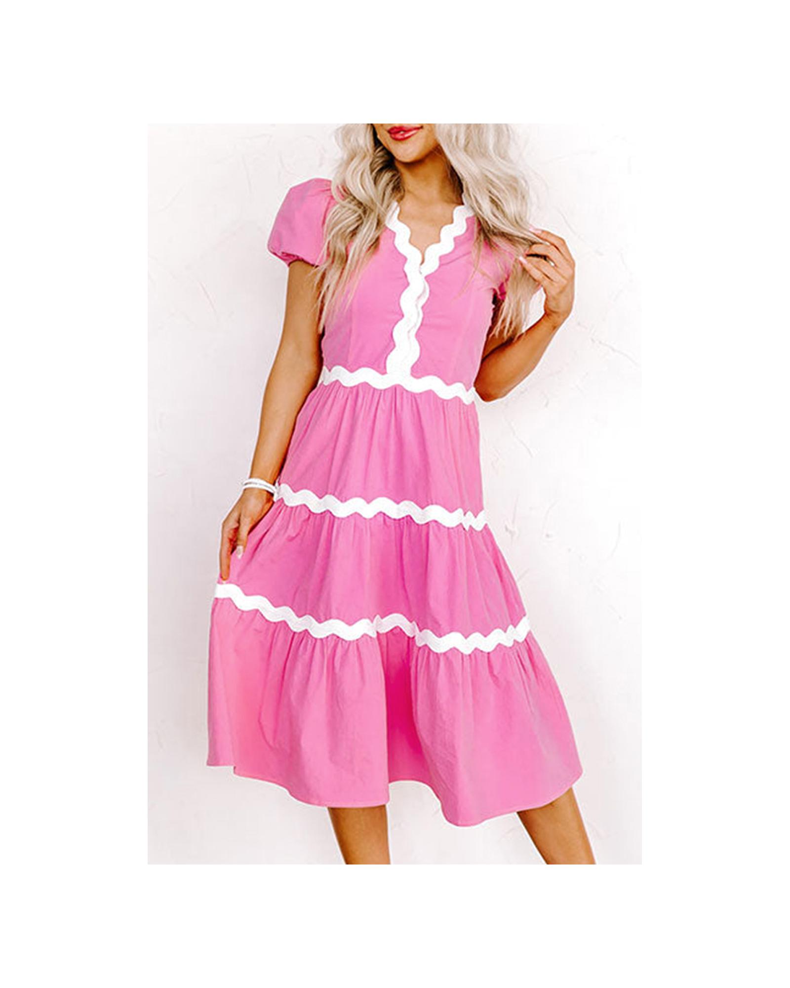 V539-AZEXDC6120178-P3010-L-202508281300-00 Bonbon Ric Rac Trim Short Puff Sleeve Flowy Midi Dress - L - Image 1